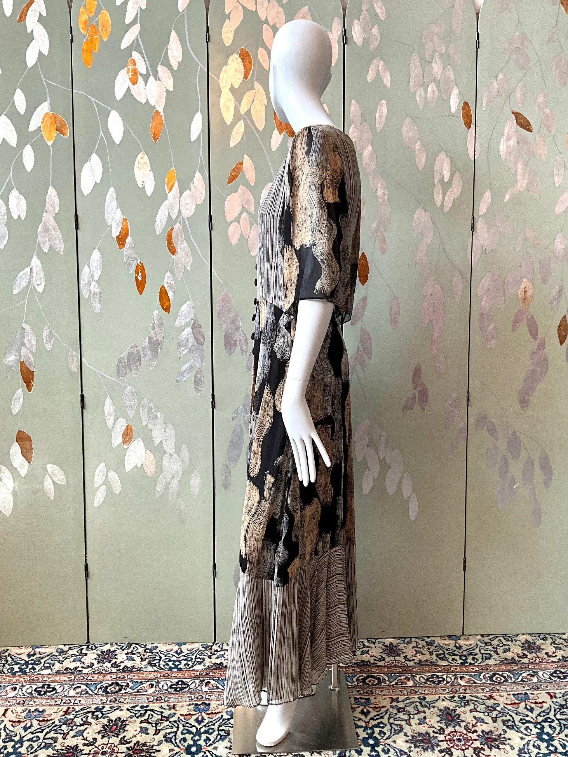 Vintage 1970s Michel Pelta Black Beige Print Chiffon Maxi Dress, Small 