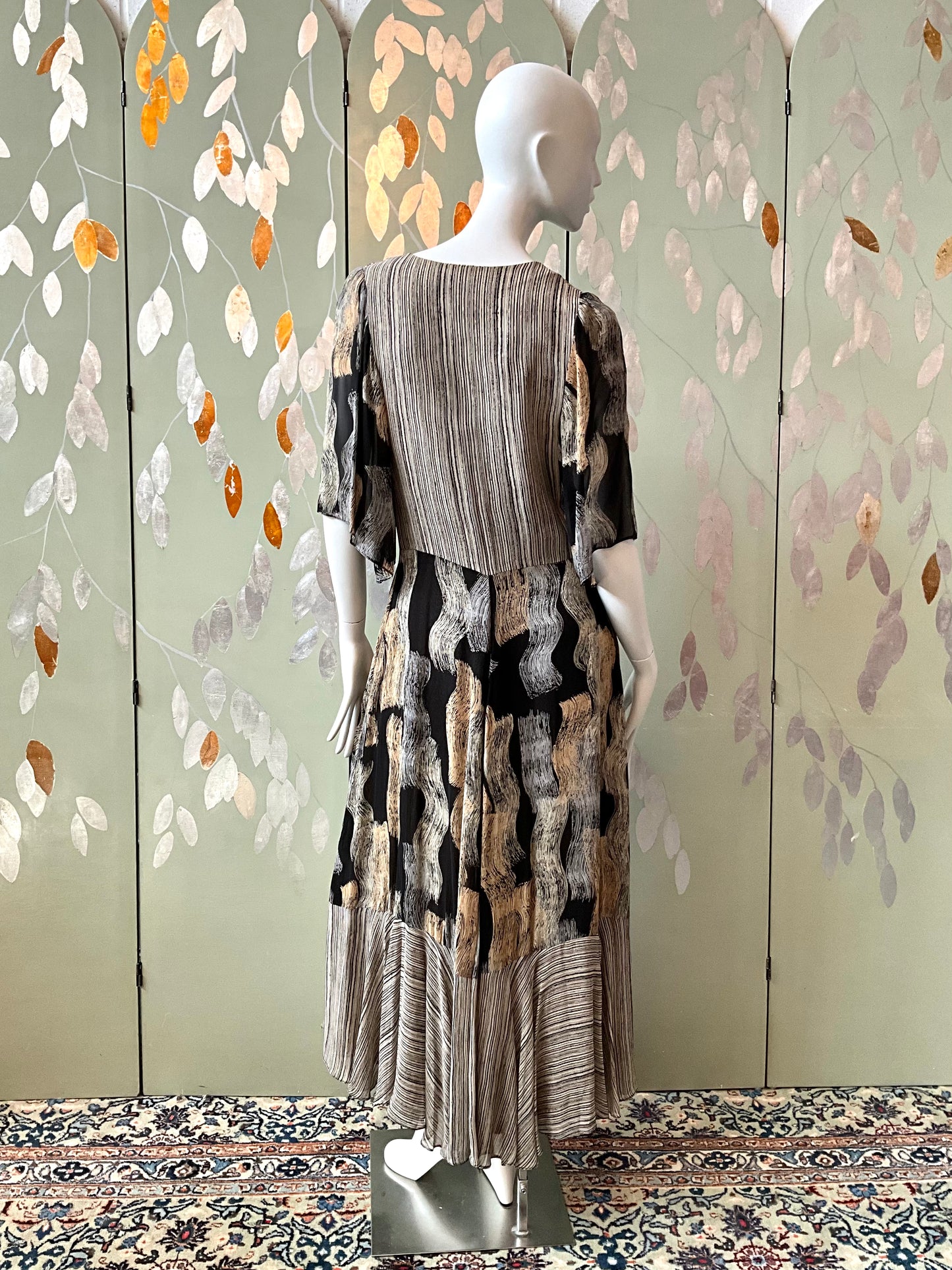 Vintage 1970s Michel Pelta Black Beige Print Chiffon Maxi Dress, Small 