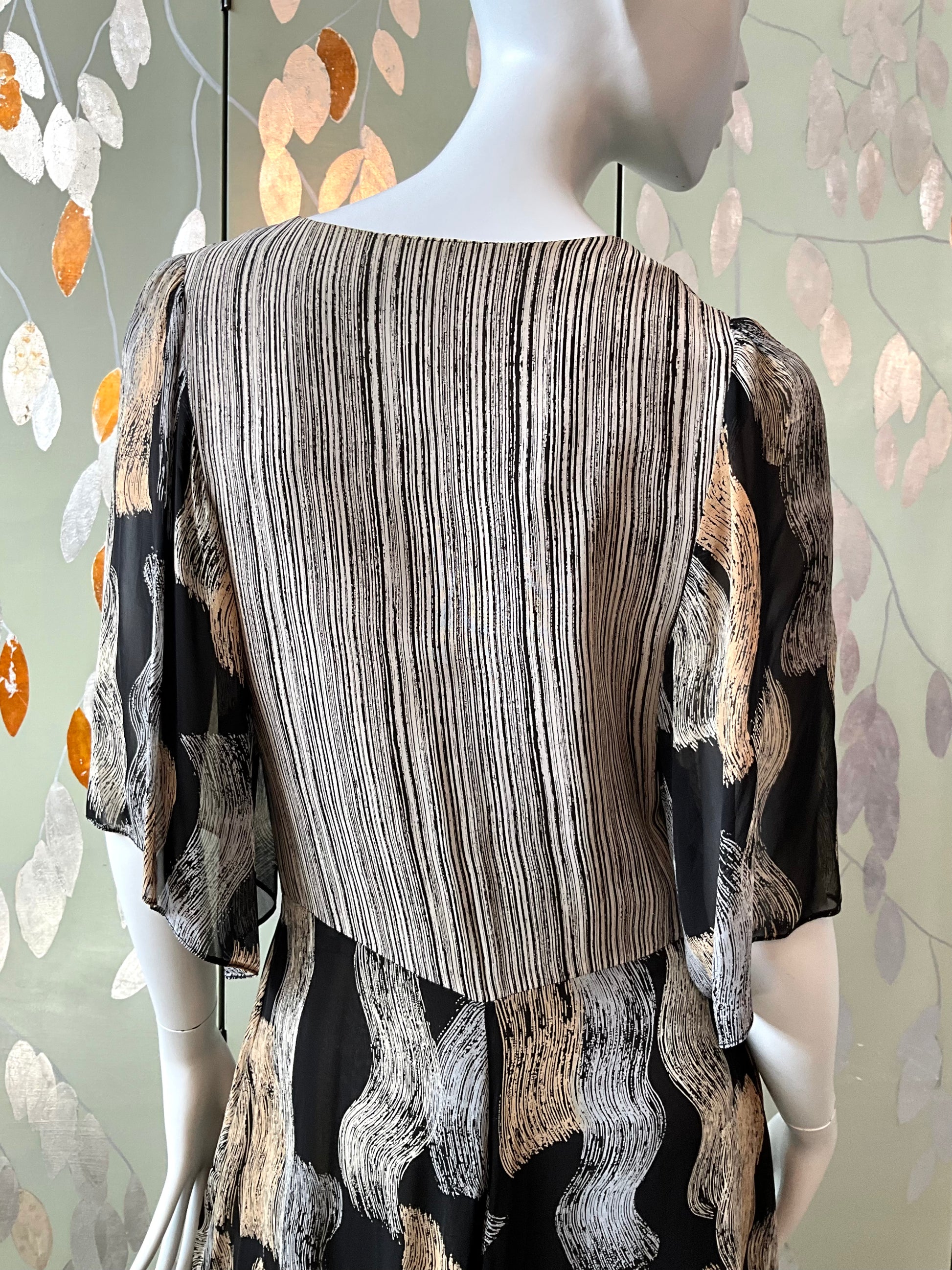 Vintage 1970s Michel Pelta Black Beige Print Chiffon Maxi Dress, Small 