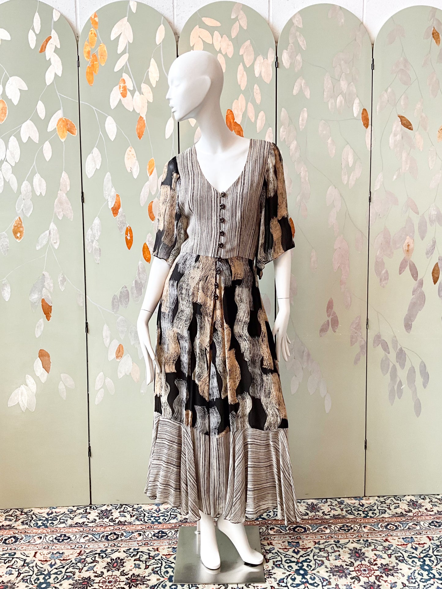 Vintage 1970s Michel Pelta Black Beige Print Chiffon Maxi Dress, Small