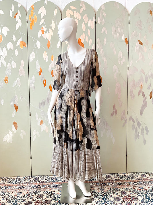 Vintage 1970s Michel Pelta Black Beige Print Chiffon Maxi Dress, Small