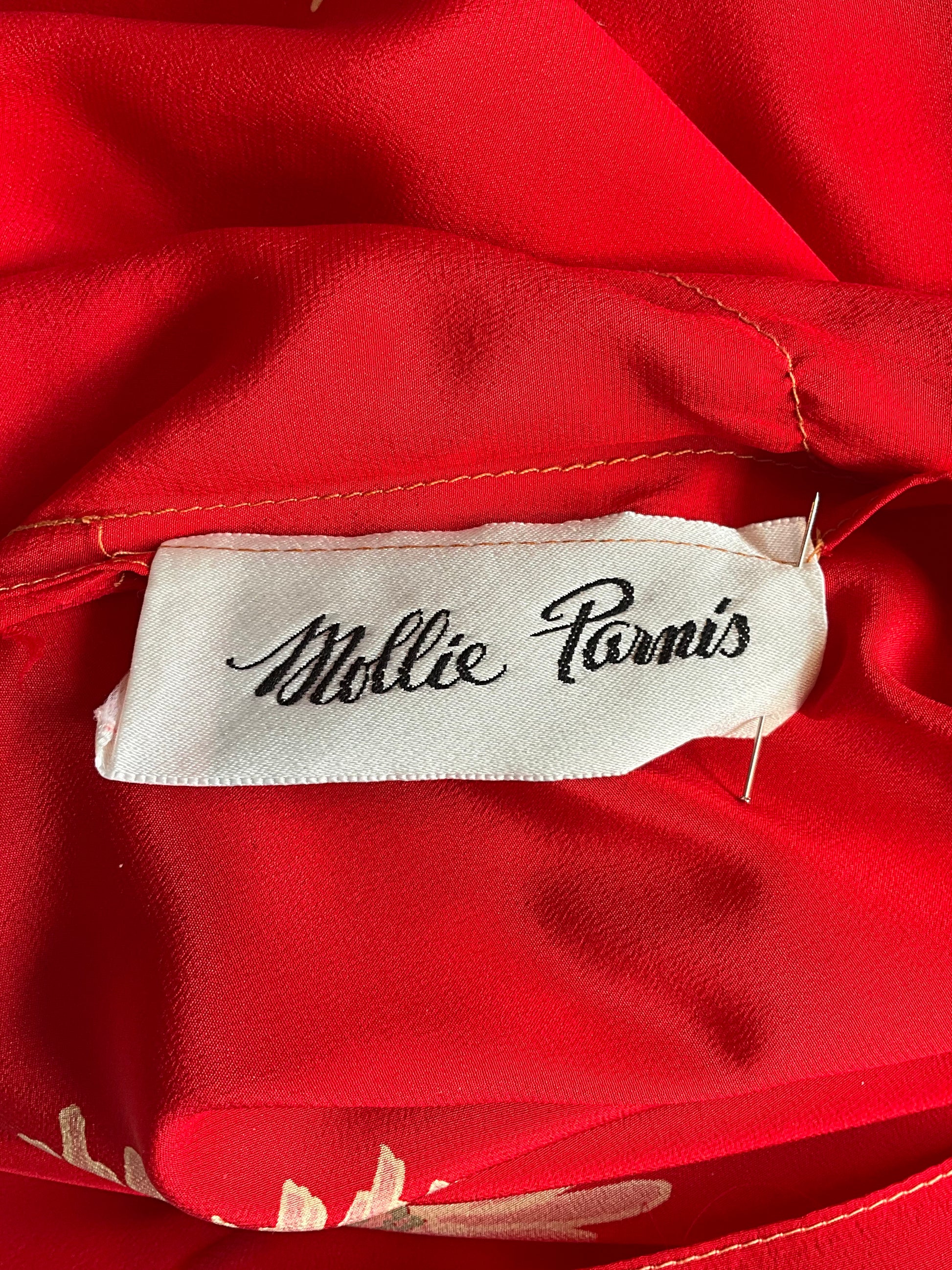 Vintage 1980s Mollie Parnis Red Silk Floral Print Dress, Medium