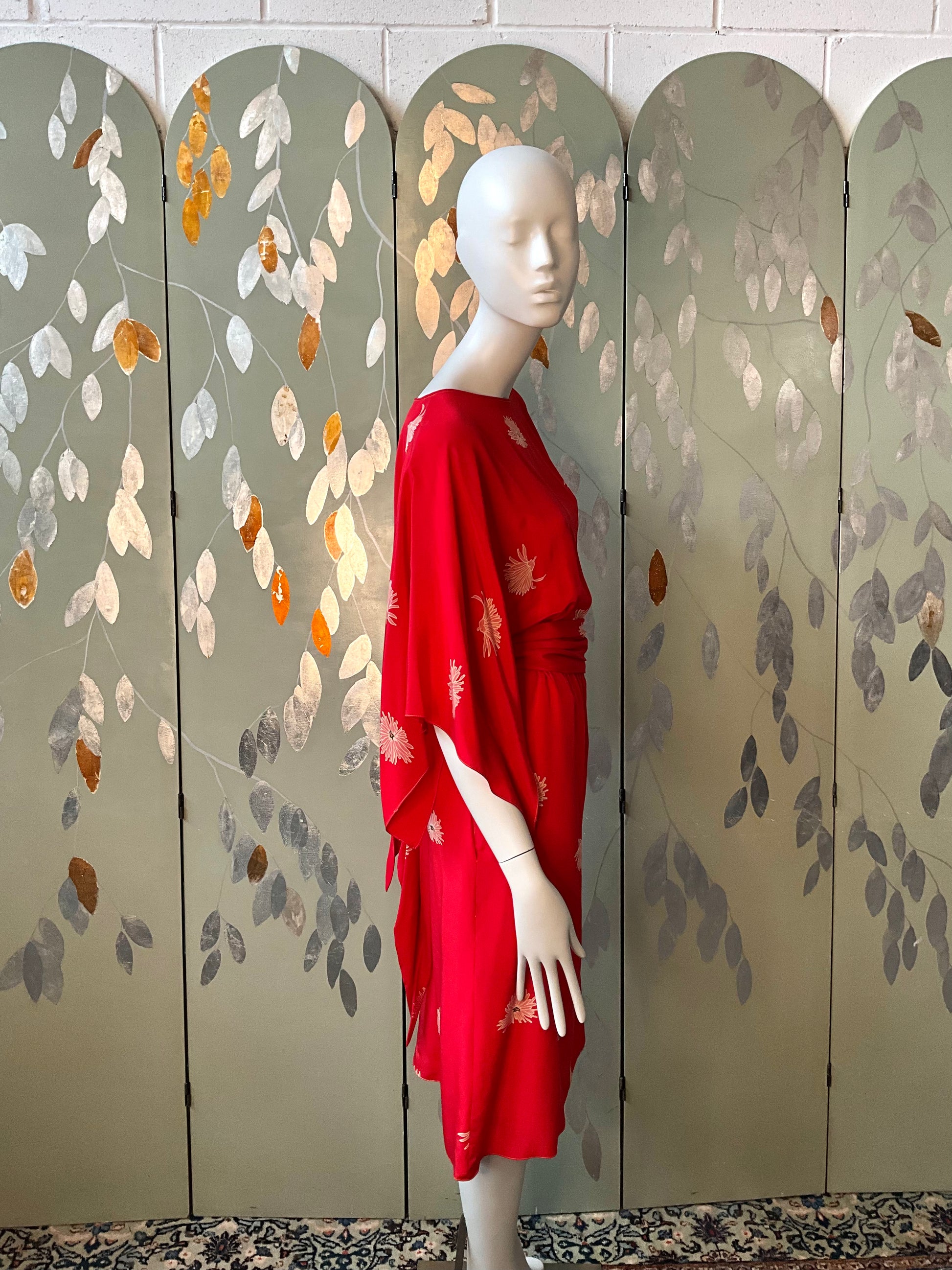 Vintage 1980s Mollie Parnis Red Silk Floral Print Dress, Medium