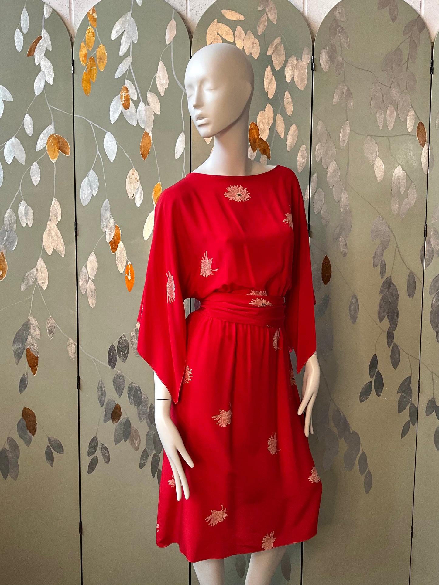 Vintage 1980s Mollie Parnis Red Silk Floral Print Dress, Medium