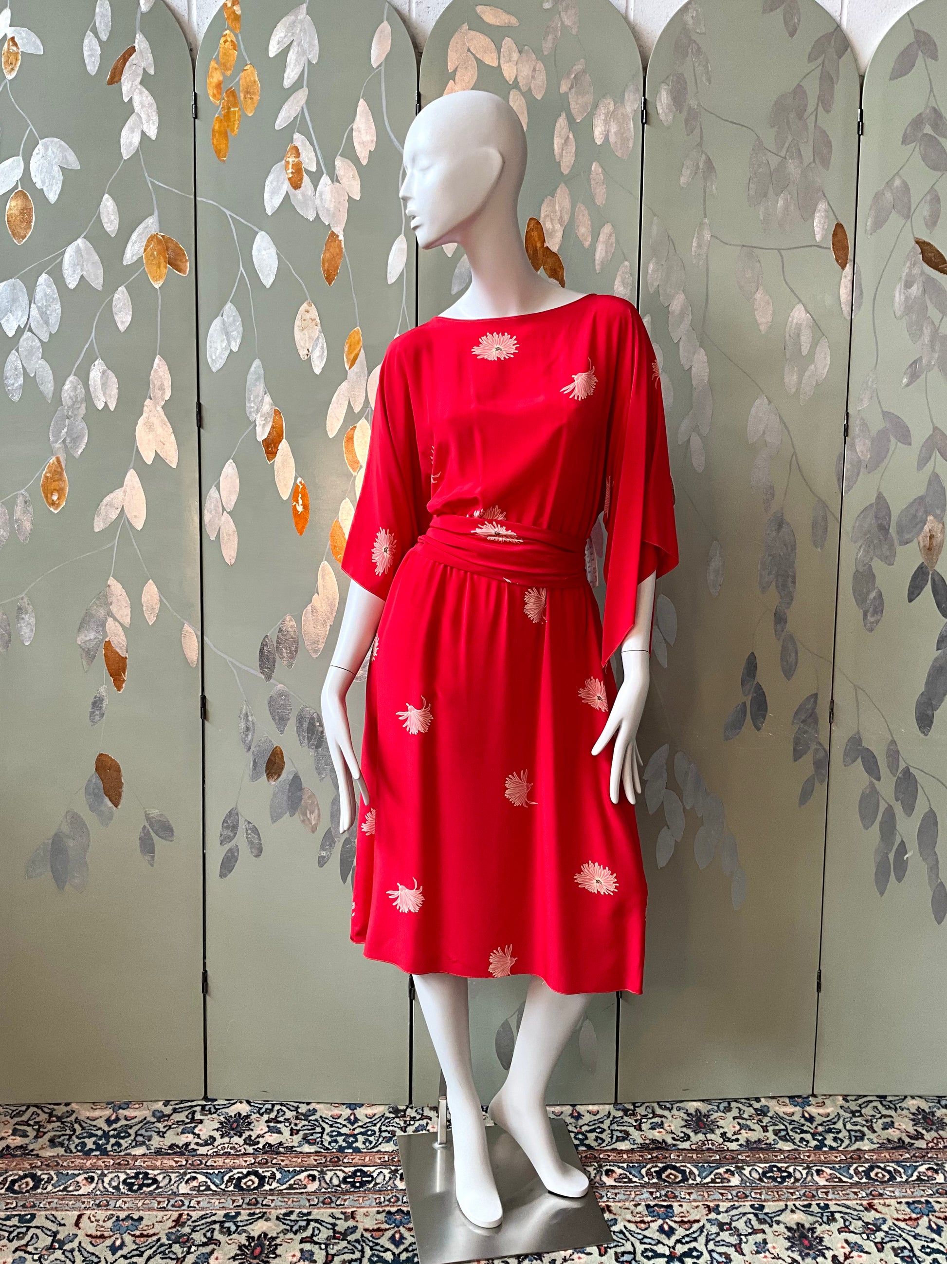 Vintage 1980s Mollie Parnis Red Silk Floral Print Dress, Medium