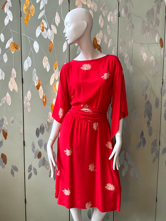 Vintage 1980s Mollie Parnis Red Silk Floral Print Dress, Medium