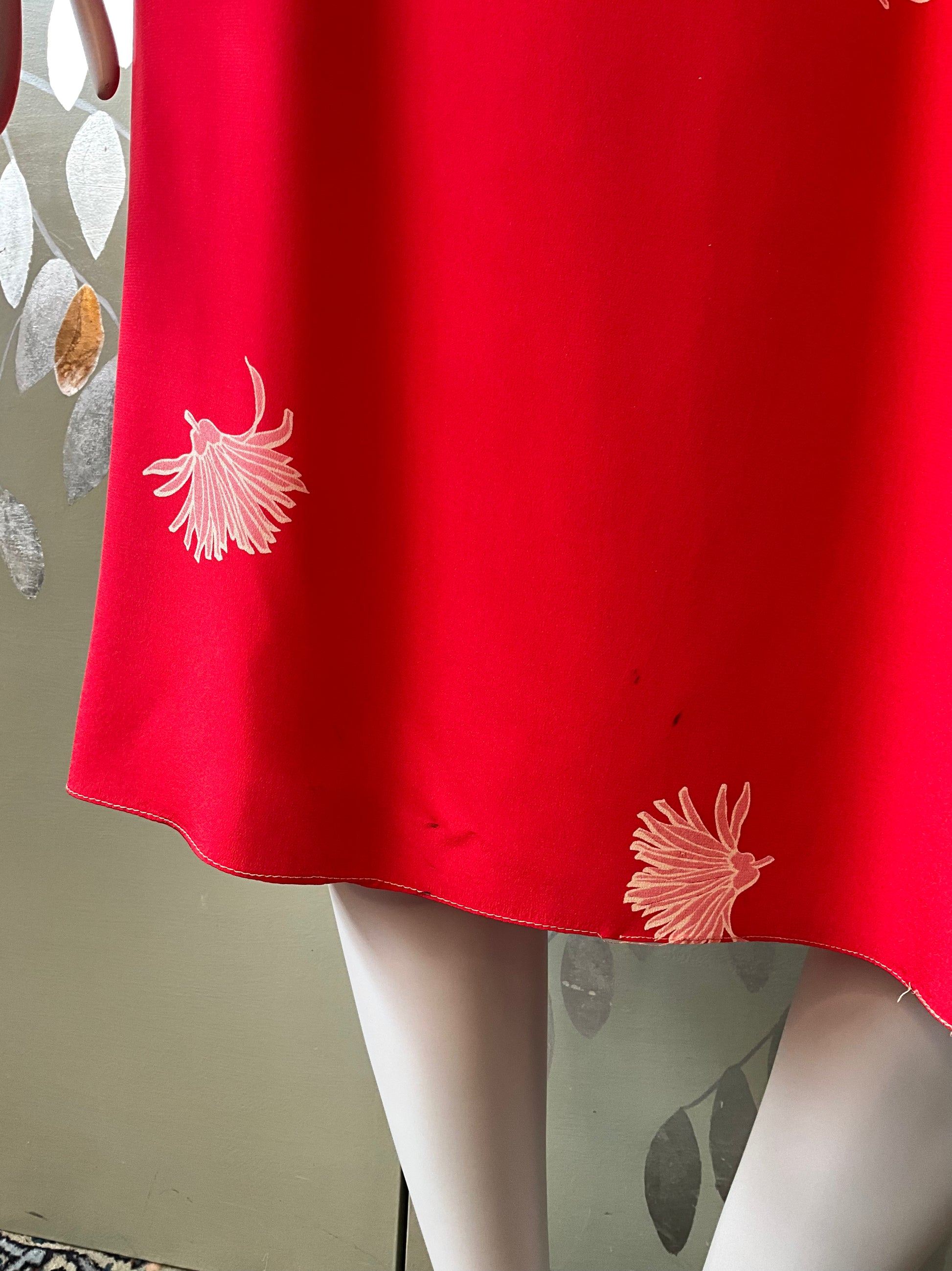 Vintage 1980s Mollie Parnis Red Silk Floral Print Dress, Medium
