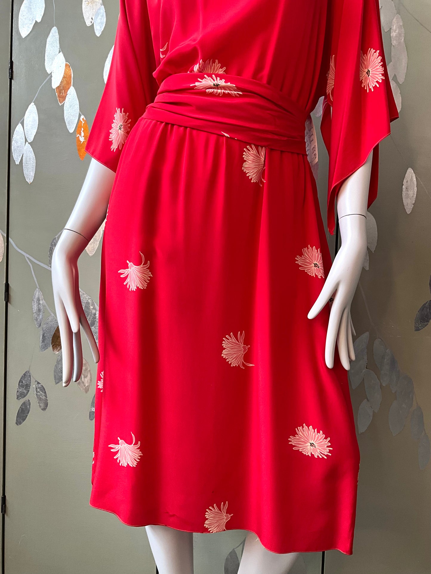 Vintage 1980s Mollie Parnis Red Silk Floral Print Dress, Medium