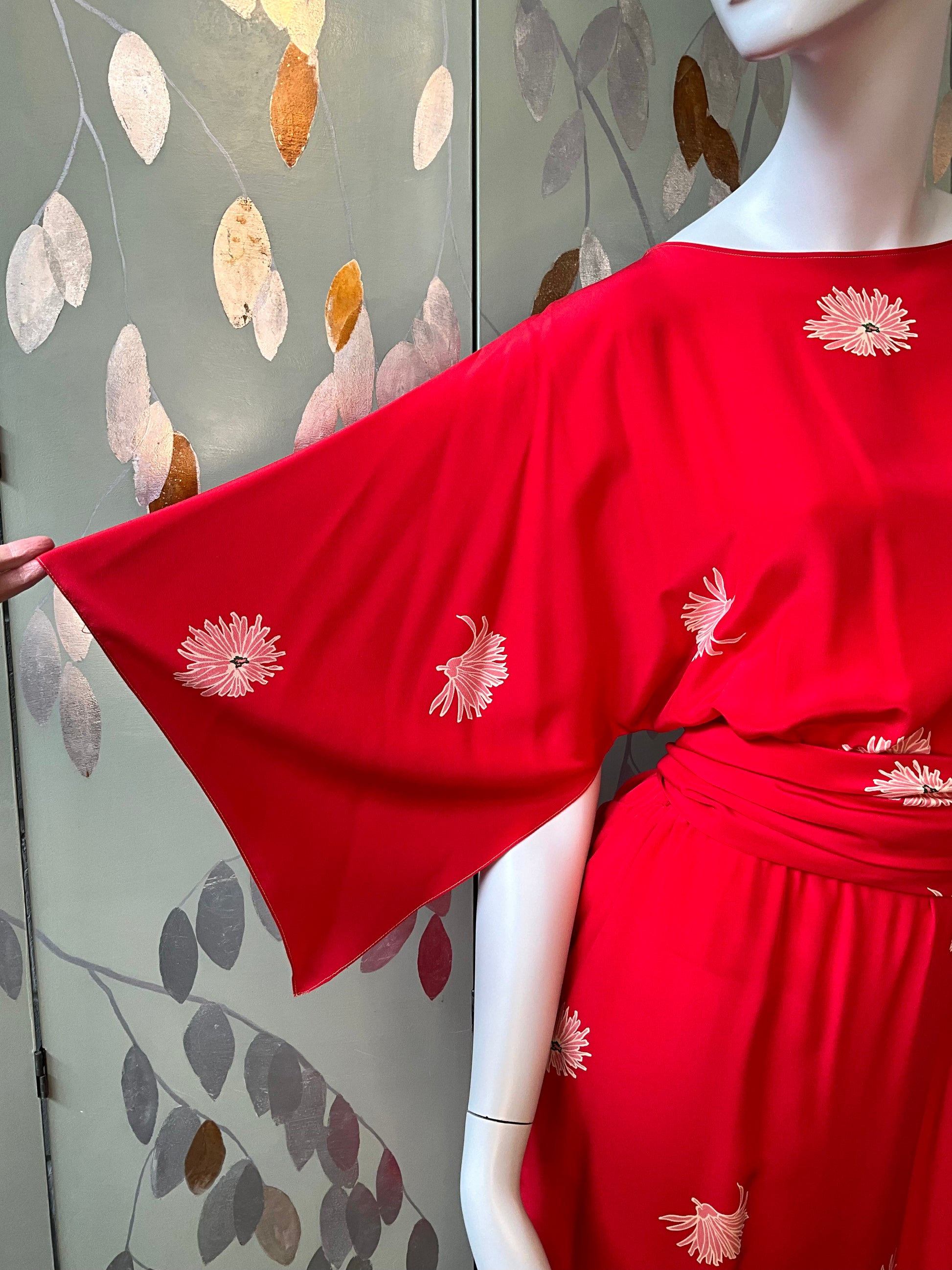 Vintage 1980s Mollie Parnis Red Silk Floral Print Dress, Medium