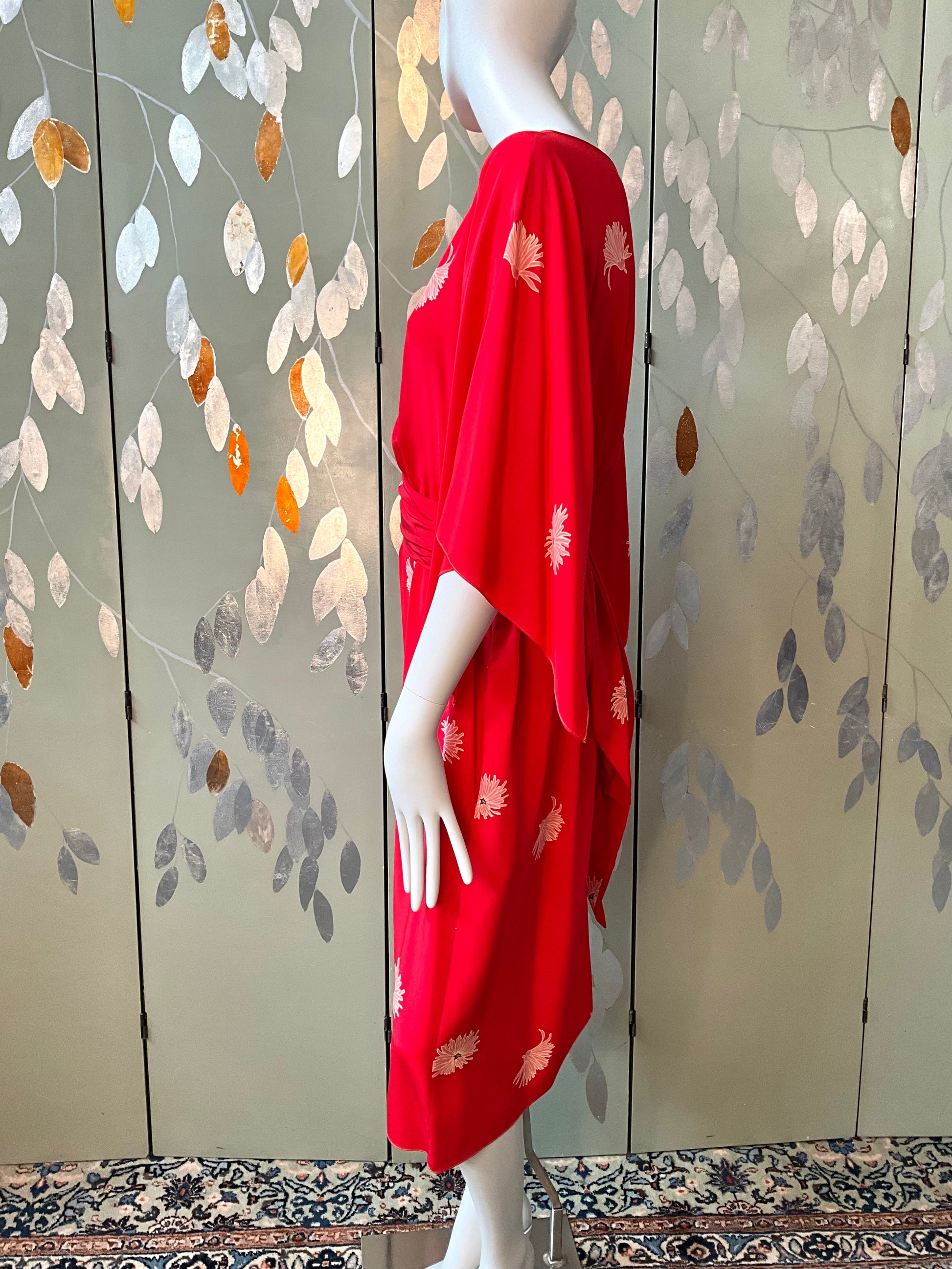 Vintage 1980s Mollie Parnis Red Silk Floral Print Dress, Medium