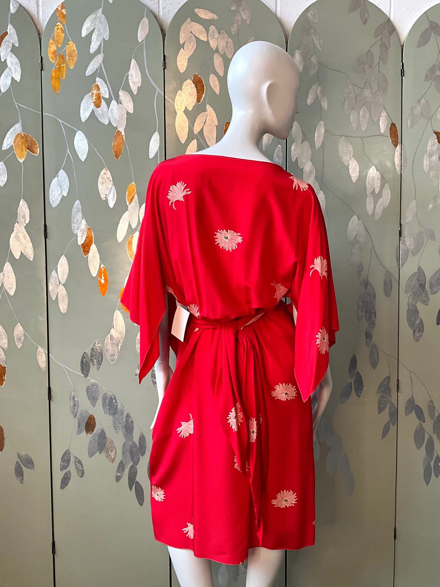 Vintage 1980s Mollie Parnis Red Silk Floral Print Dress, Medium