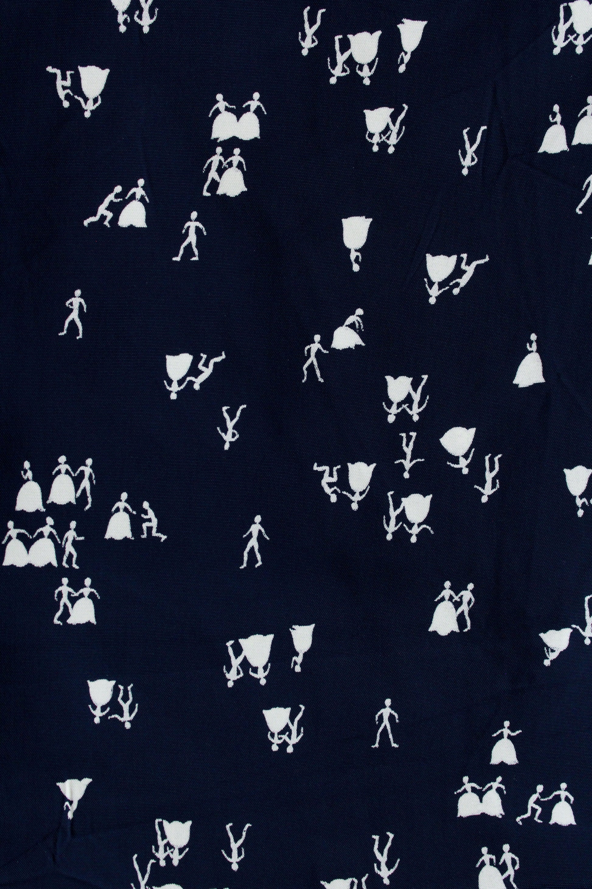 Vintage 1940s Rayon Sewing Fabric In Navy Blue With People Mingling, 5.1 Yards