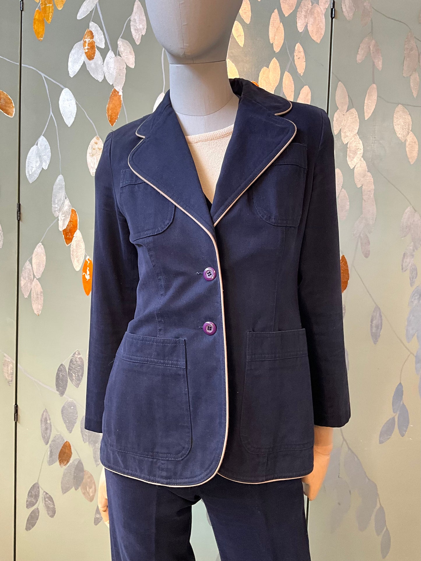 Vintage 1970s Navy Cotton 3 Piece Pant Suit, Small 