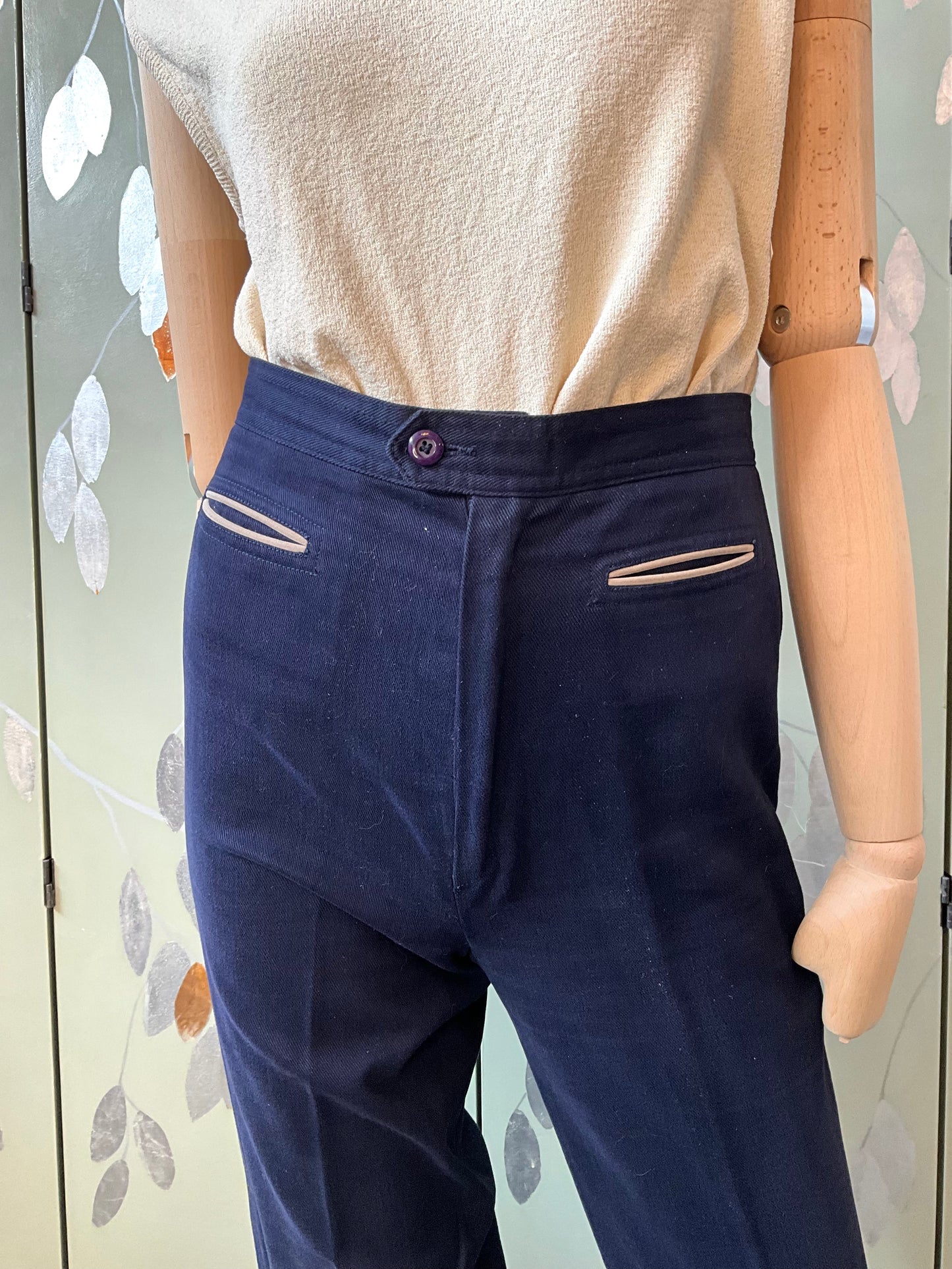 Vintage 1970s Navy Cotton 3 Piece Pant Suit, Small 