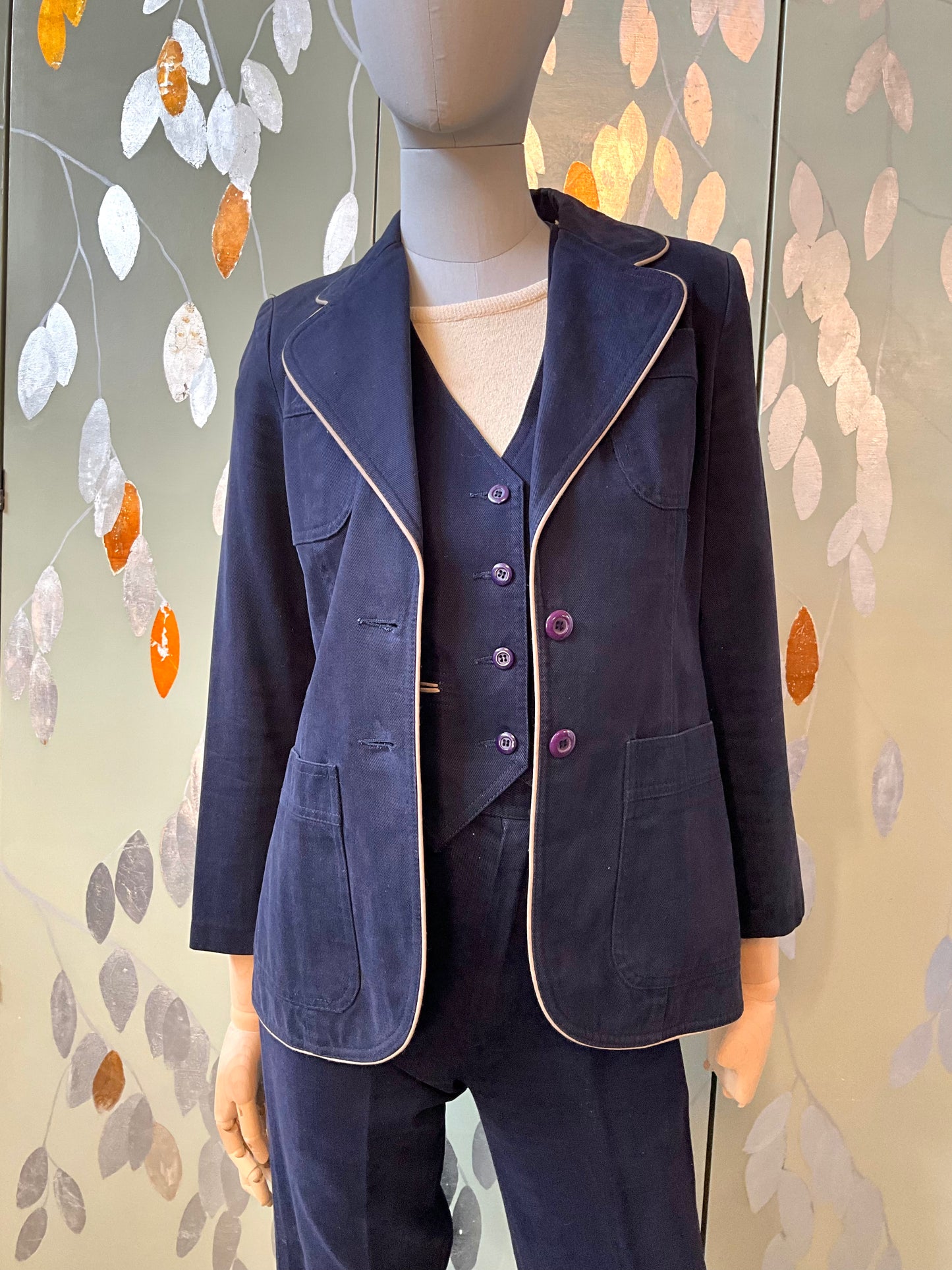 Vintage 1970s Navy Cotton 3 Piece Pant Suit, Small 