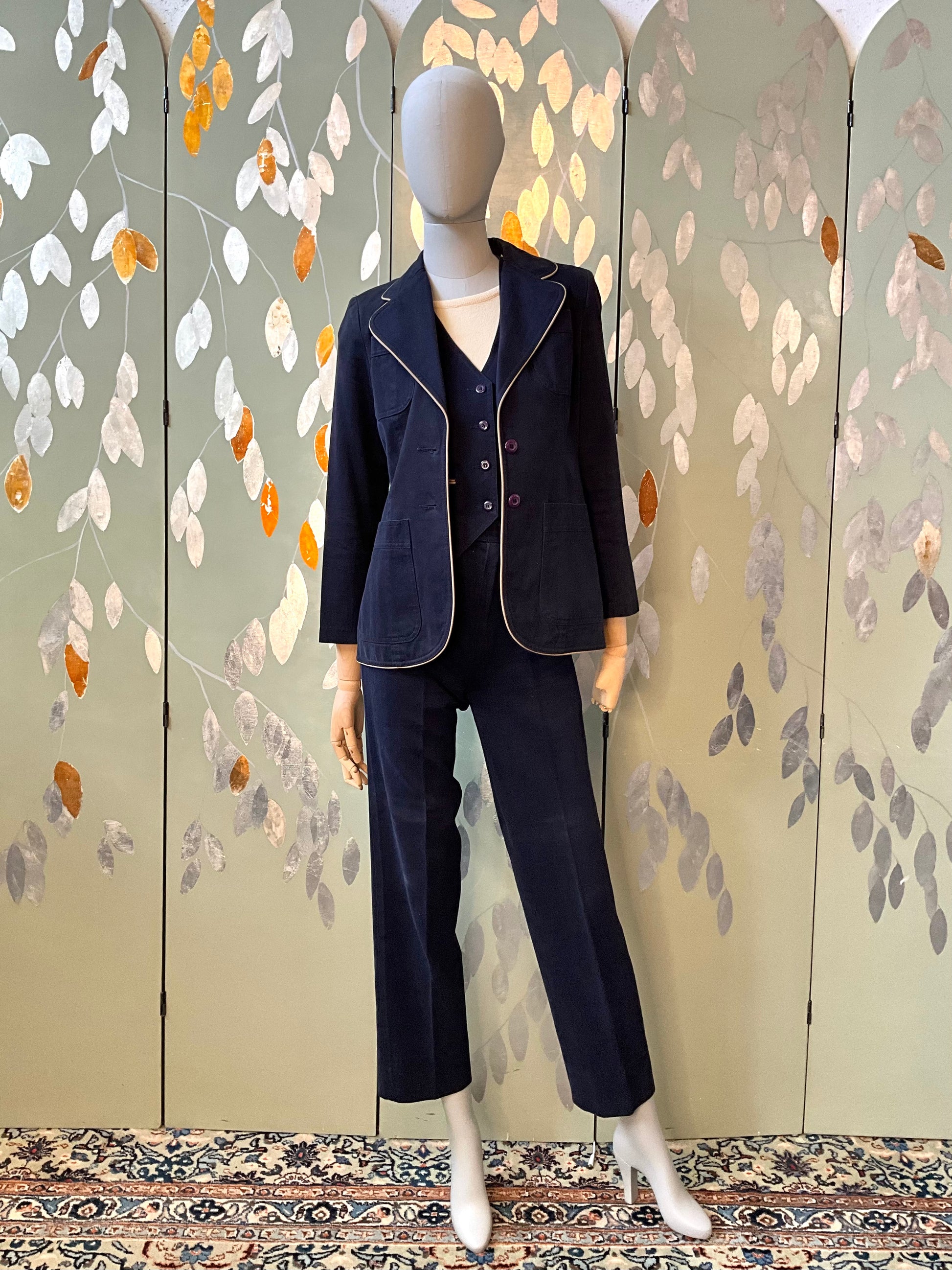 Vintage 1970s Navy Cotton 3 Piece Pant Suit, Small 