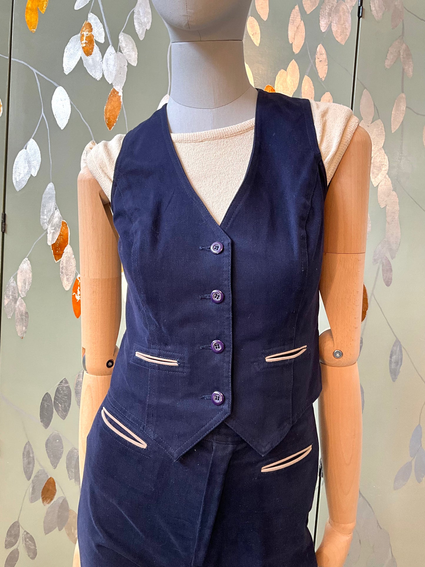 Vintage 1970s Navy Cotton 3 Piece Pant Suit, Small 