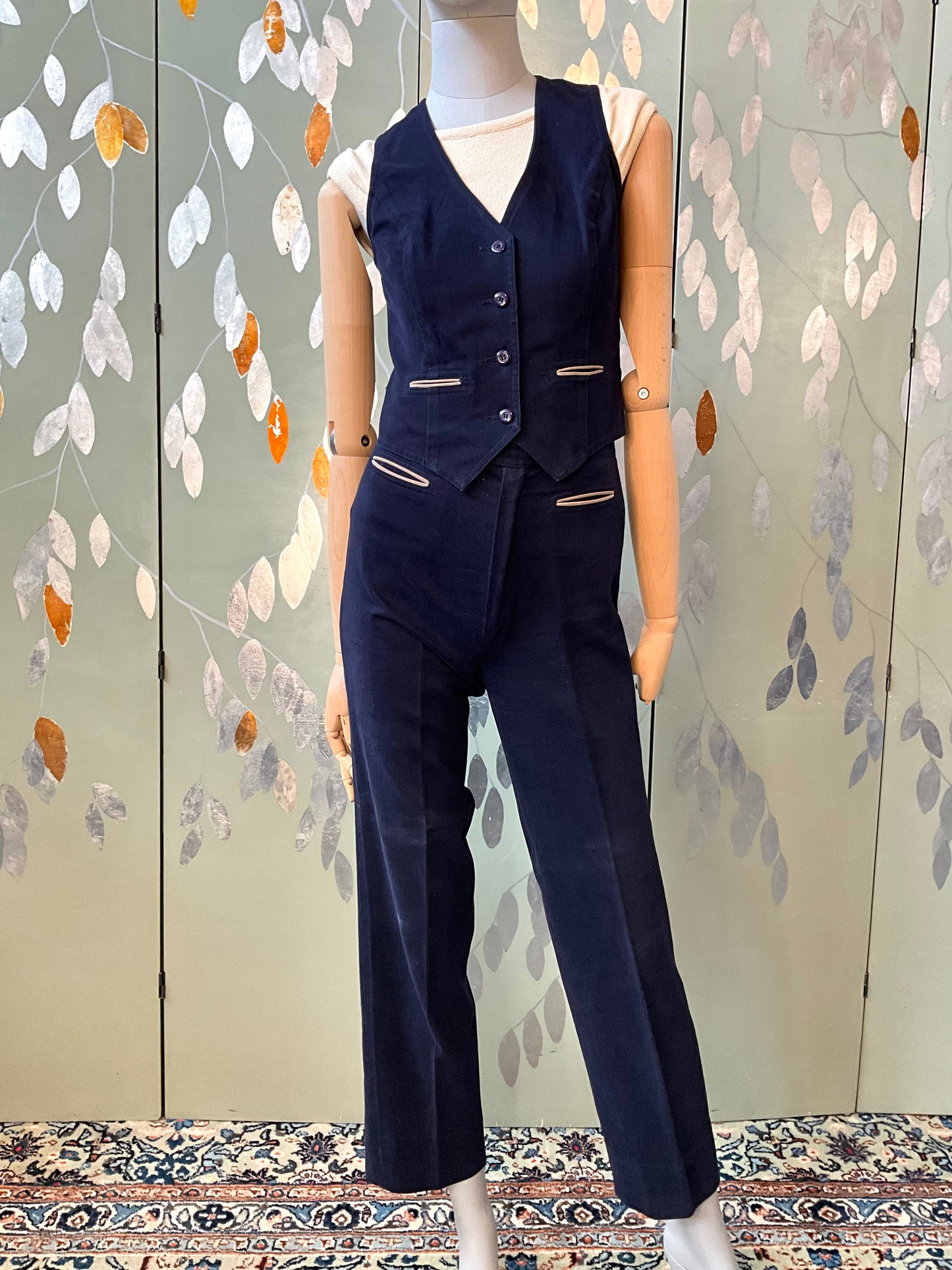 Vintage 1970s Navy Cotton 3 Piece Pant Suit, Small 