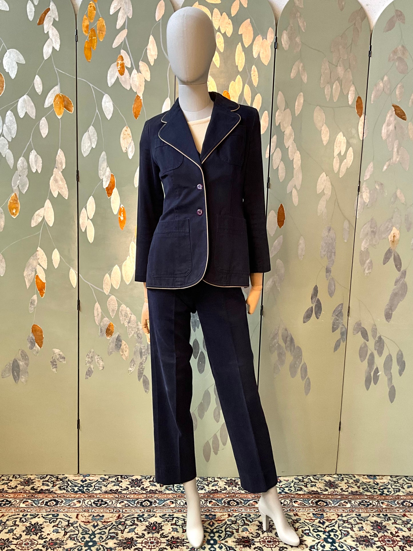 Vintage 1970s Navy Cotton 3 Piece Pant Suit, Small 