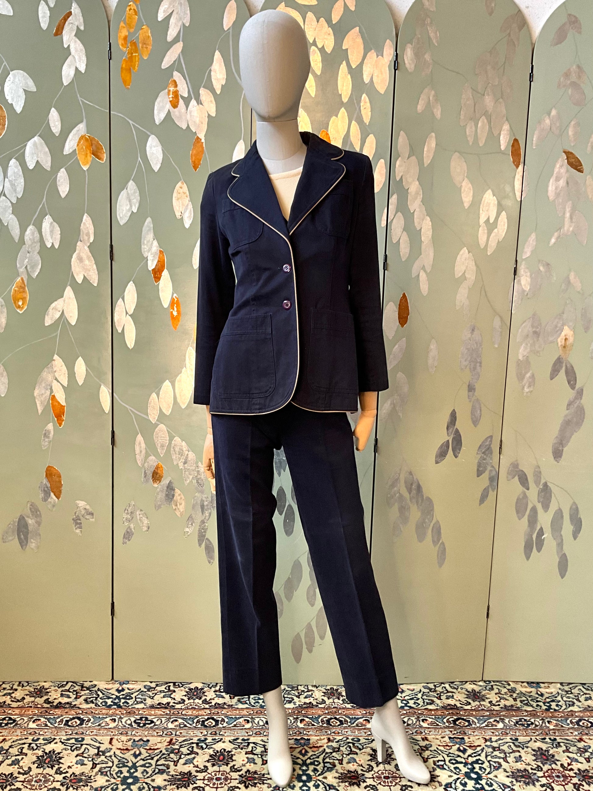 Vintage 1970s Navy Cotton 3 Piece Pant Suit, Small 