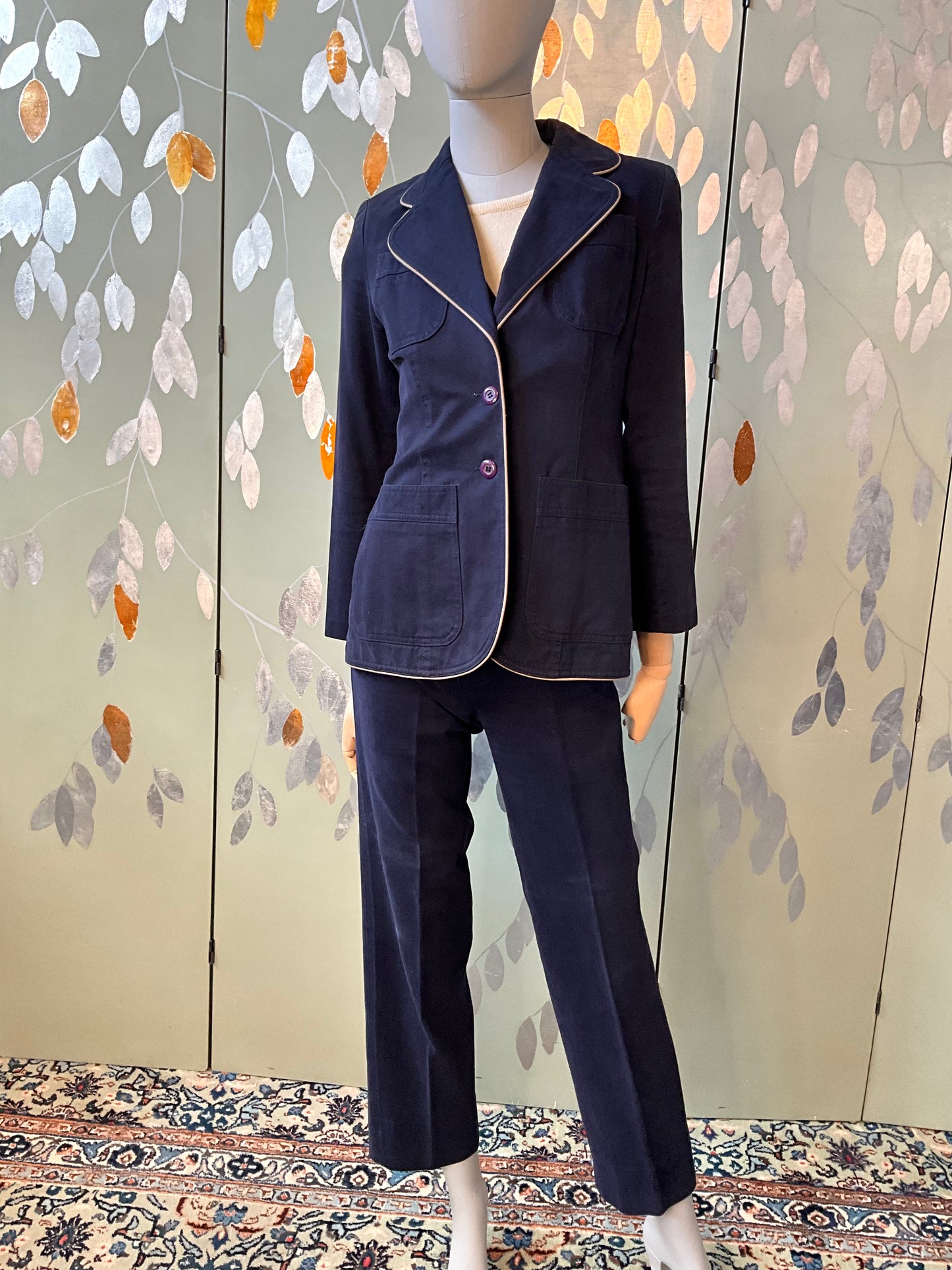 Vintage 1970s Navy Cotton 3 Piece Pant Suit, Small 
