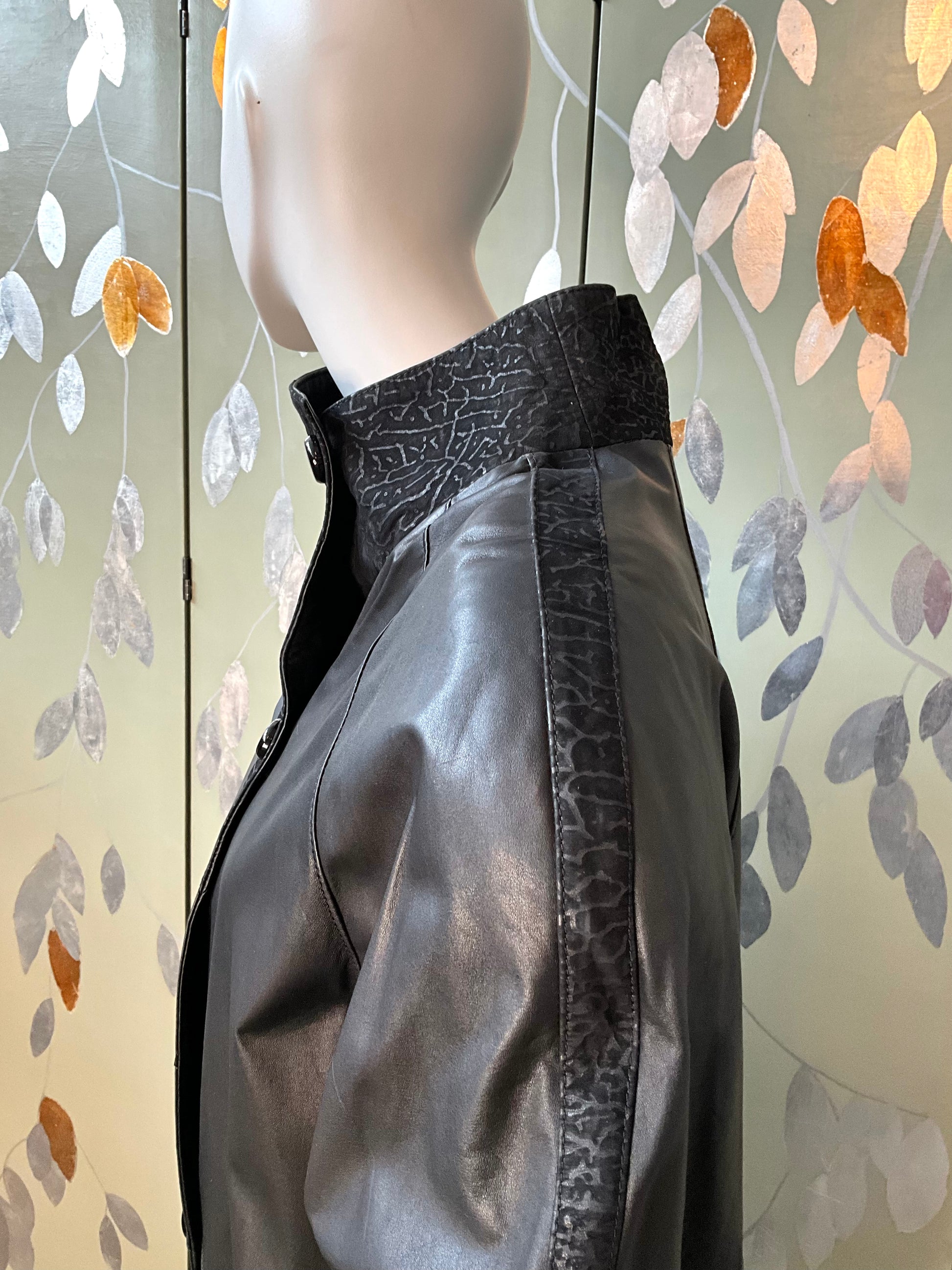 Vintage 1980s Paco Rabanne Black Leather Funnel Neck Trench Coat, M/L