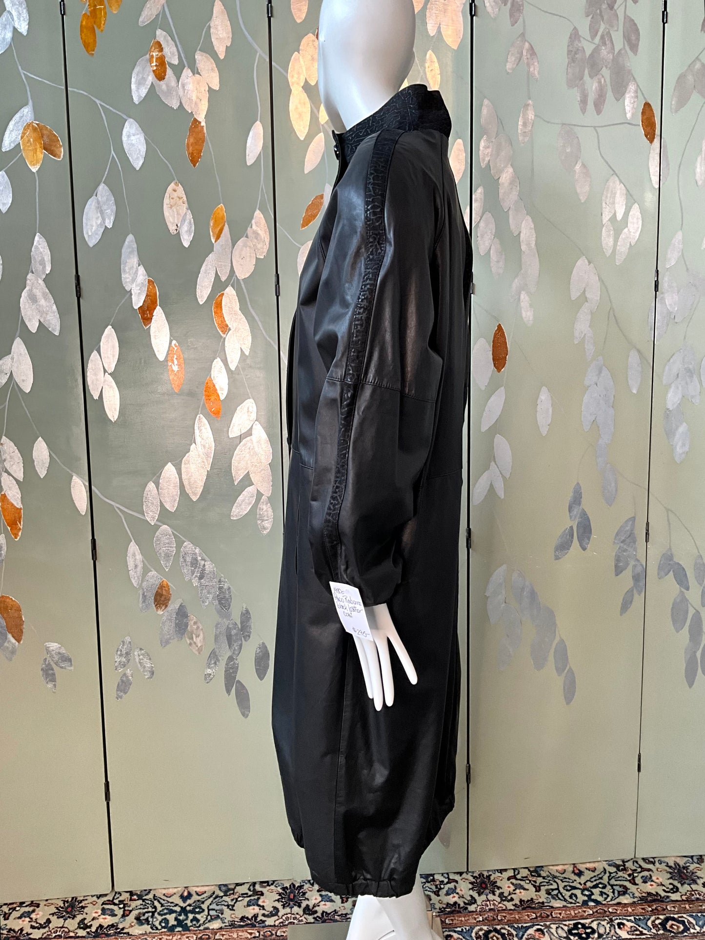 Vintage 1980s Paco Rabanne Black Leather Funnel Neck Trench Coat, M/L