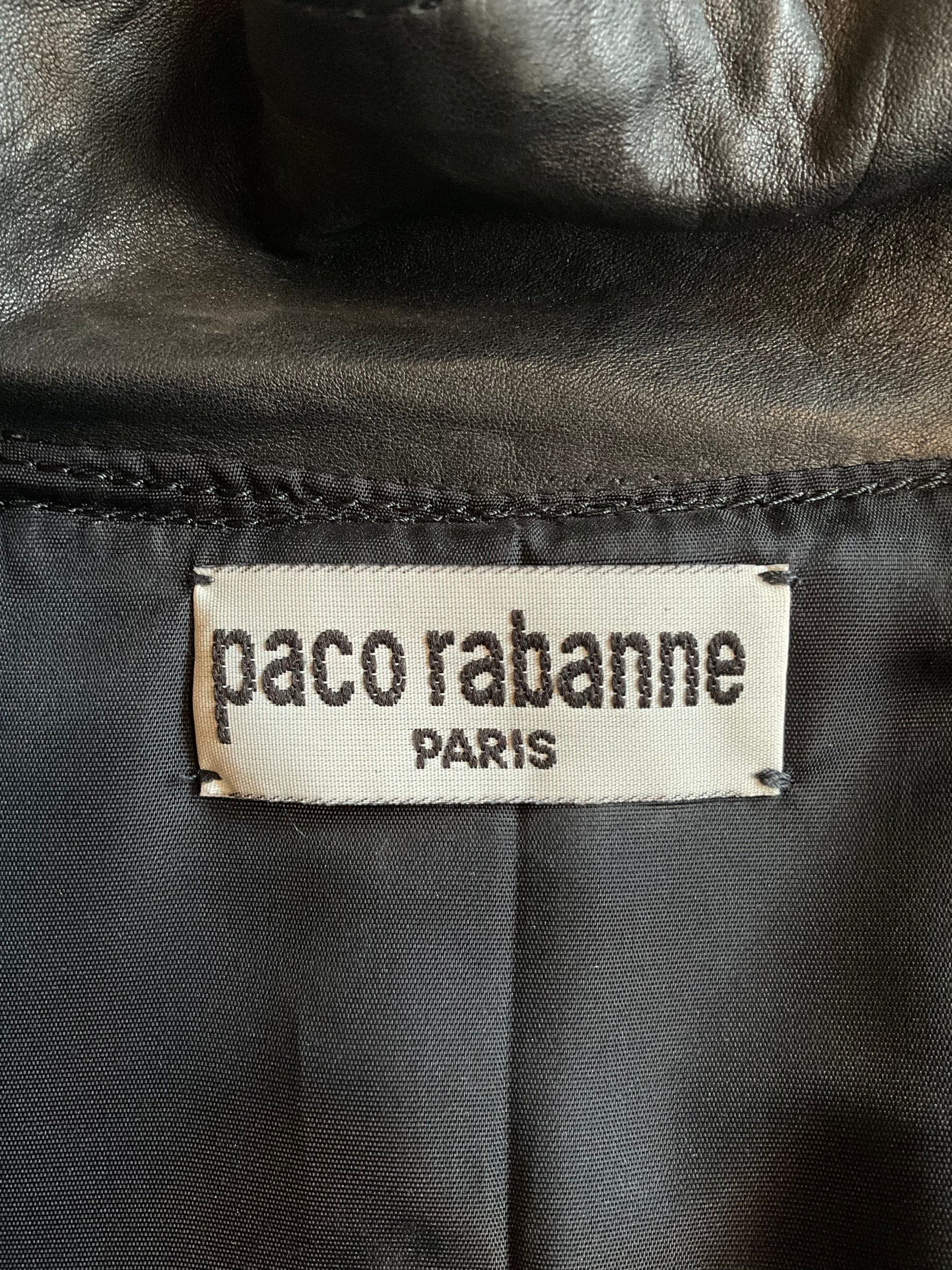 Vintage 1980s Paco Rabanne Black Leather Funnel Neck Trench Coat, M/L