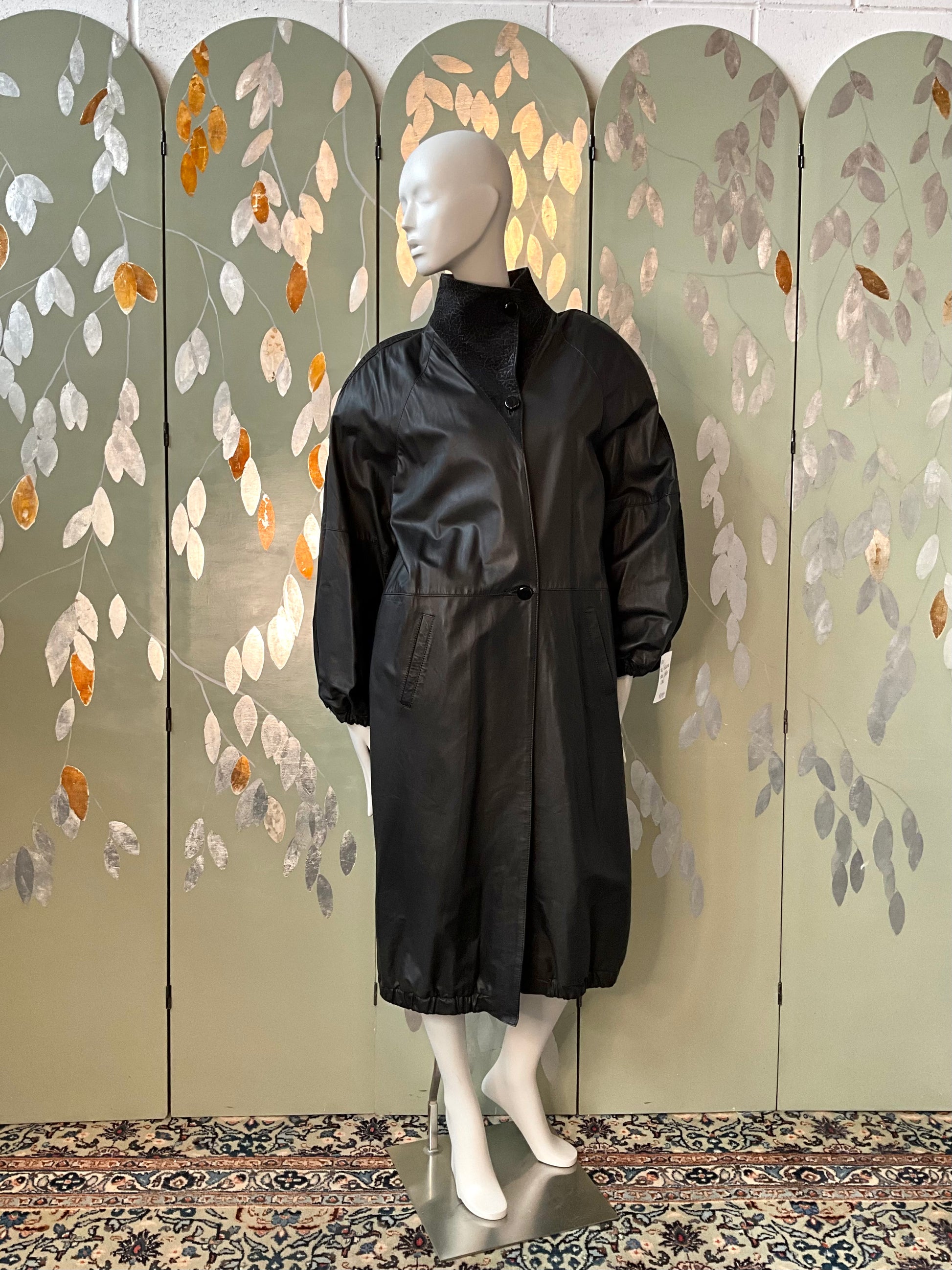 Vintage 1980s Paco Rabanne Black Leather Funnel Neck Trench Coat, M/L