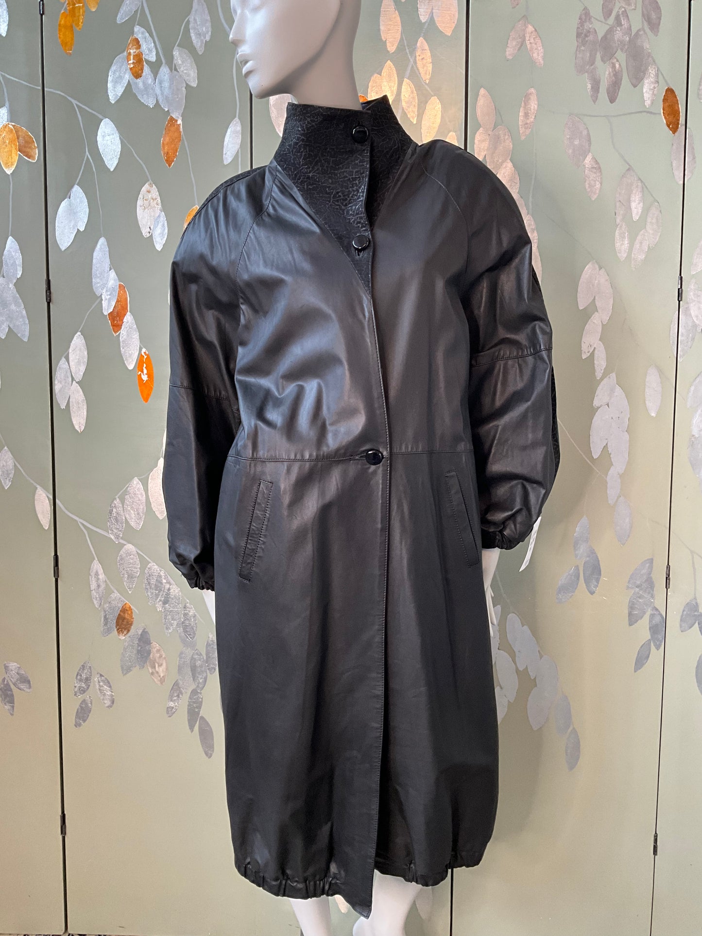 Vintage 1980s Paco Rabanne Black Leather Funnel Neck Trench Coat, M/L