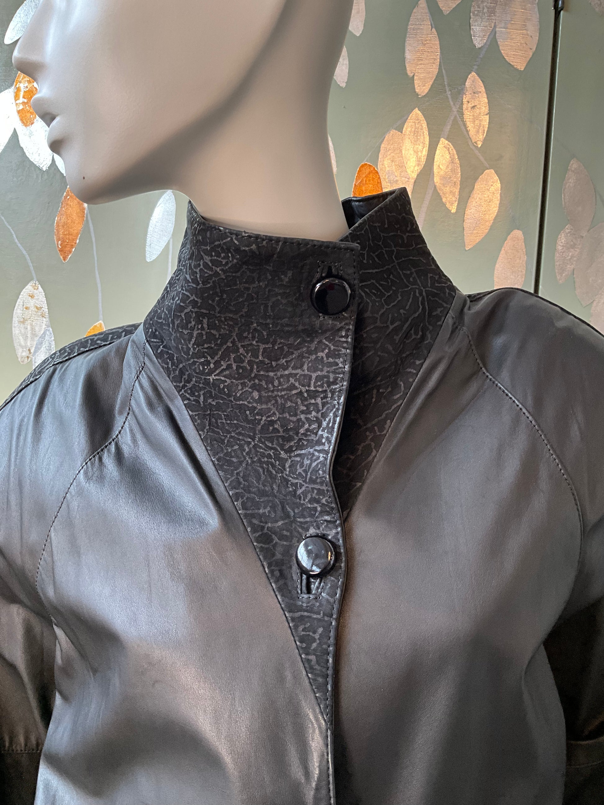 Vintage 1980s Paco Rabanne Black Leather Funnel Neck Trench Coat, M/L