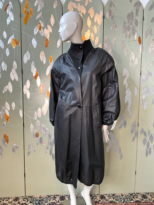 Vintage 1980s Paco Rabanne Black Leather Funnel Neck Trench Coat, M/L