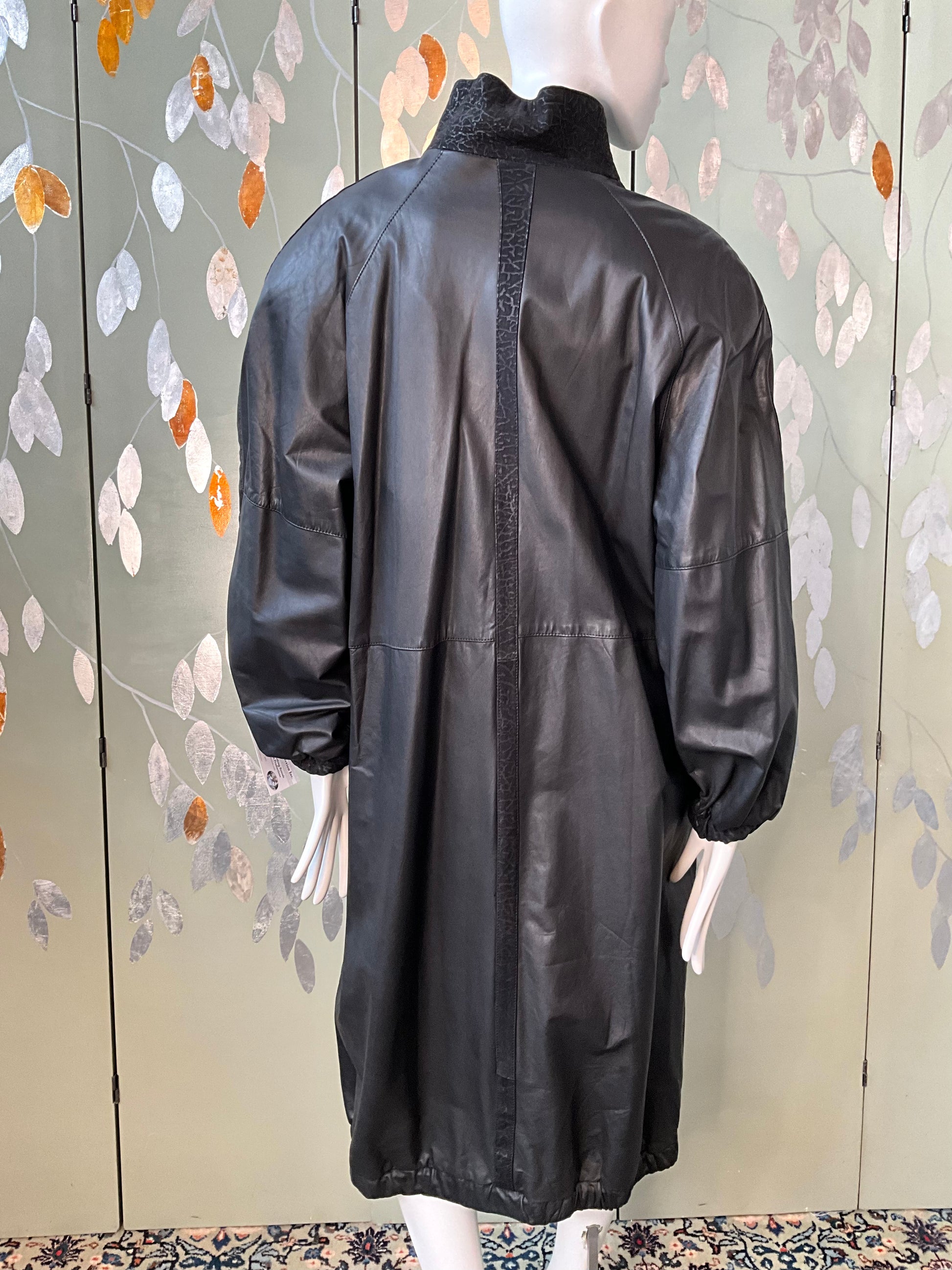 Vintage 1980s Paco Rabanne Black Leather Funnel Neck Trench Coat, M/L