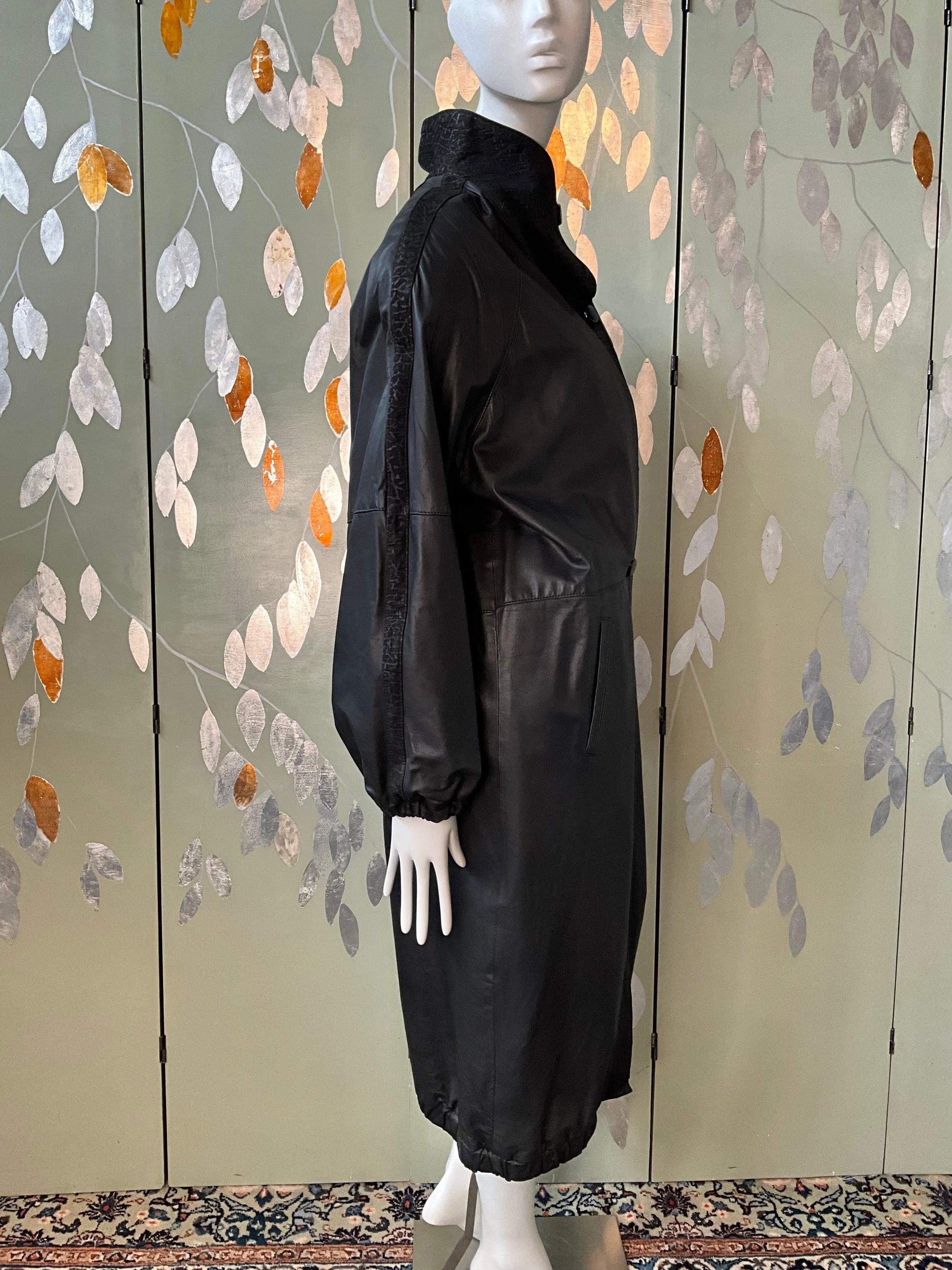 Vintage 1980s Paco Rabanne Black Leather Funnel Neck Trench Coat, M/L