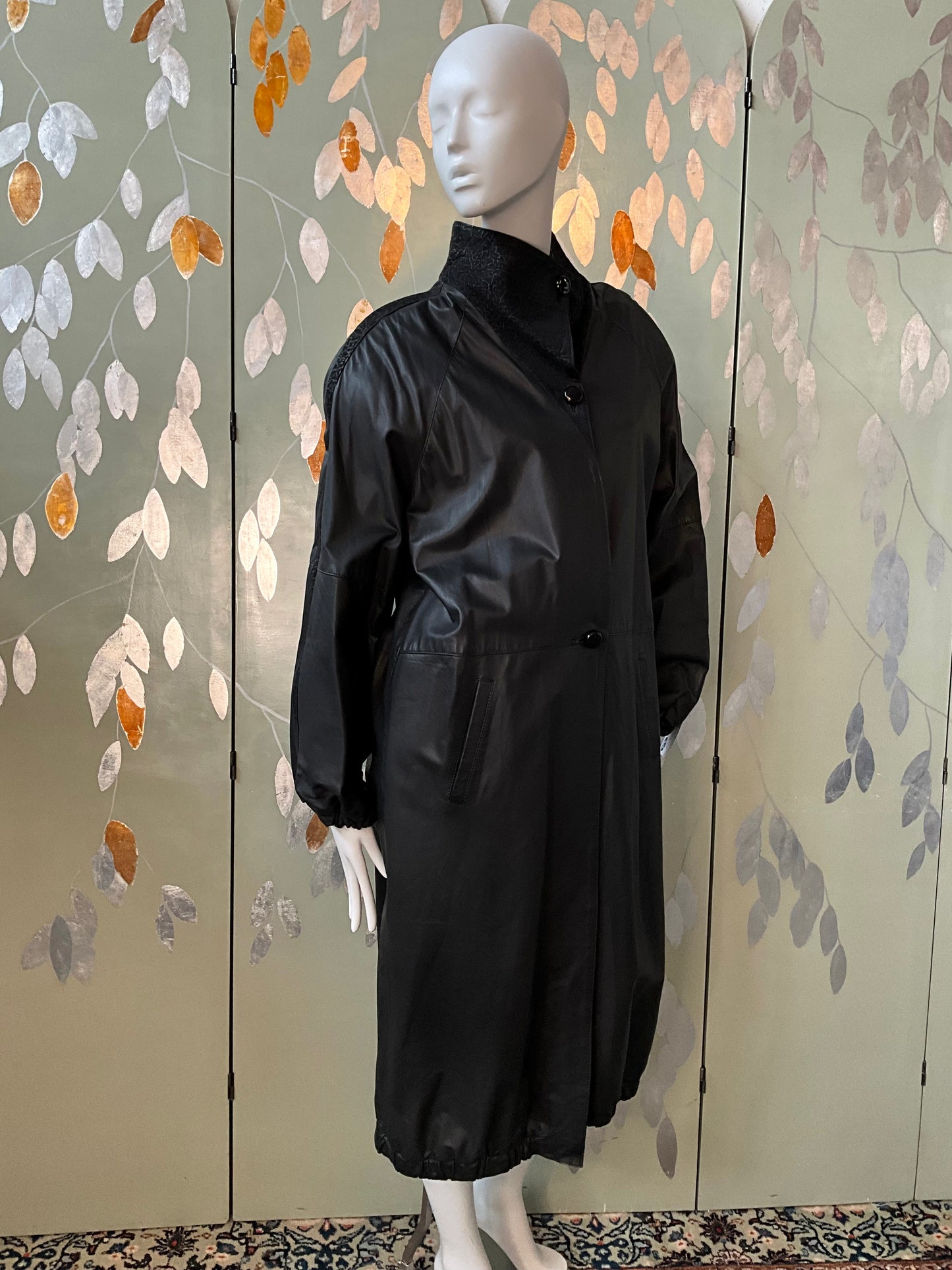 Vintage 1980s Paco Rabanne Black Leather Funnel Neck Trench Coat, M/L