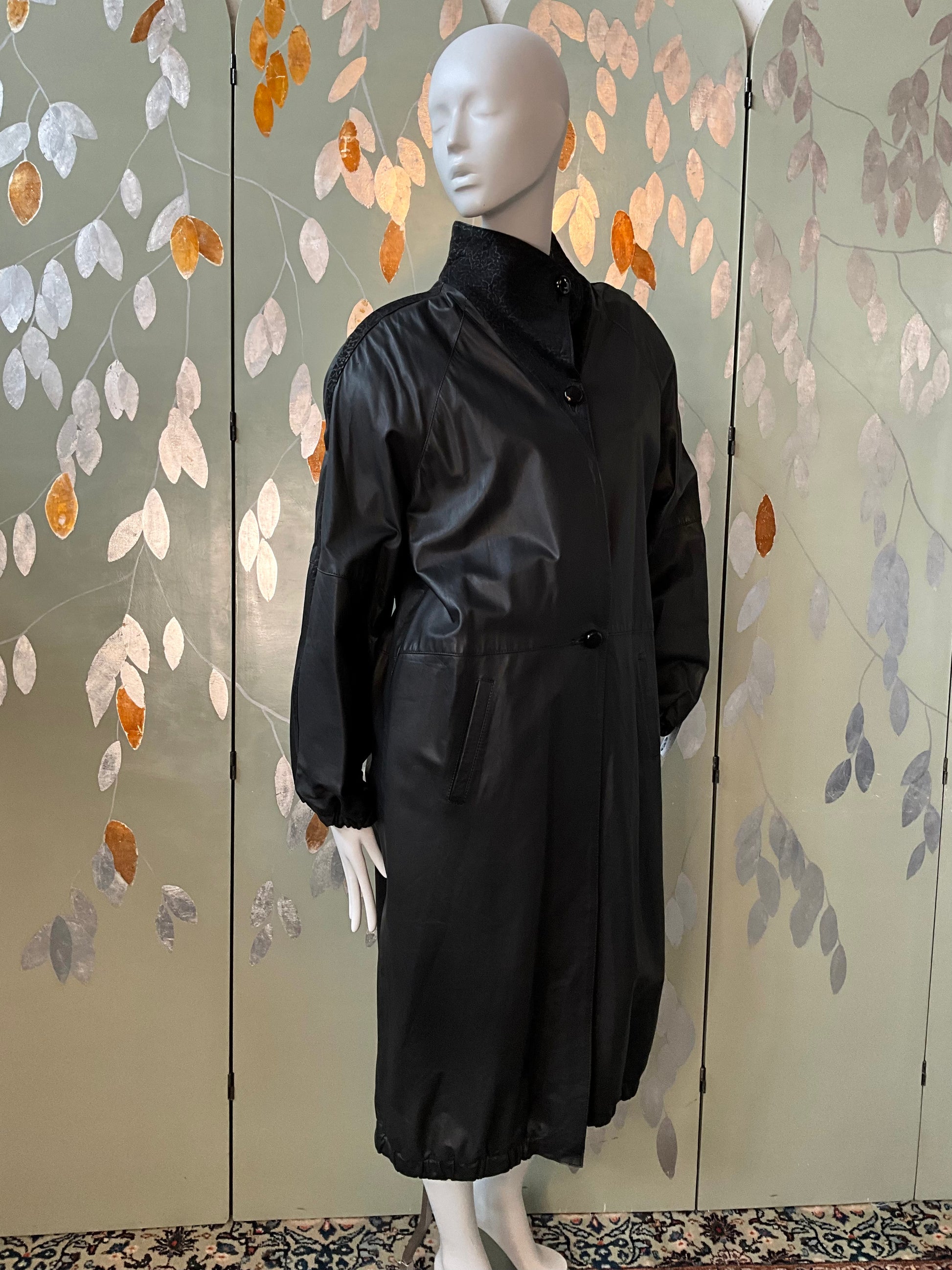 Vintage 1980s Paco Rabanne Black Leather Funnel Neck Trench Coat, M/L