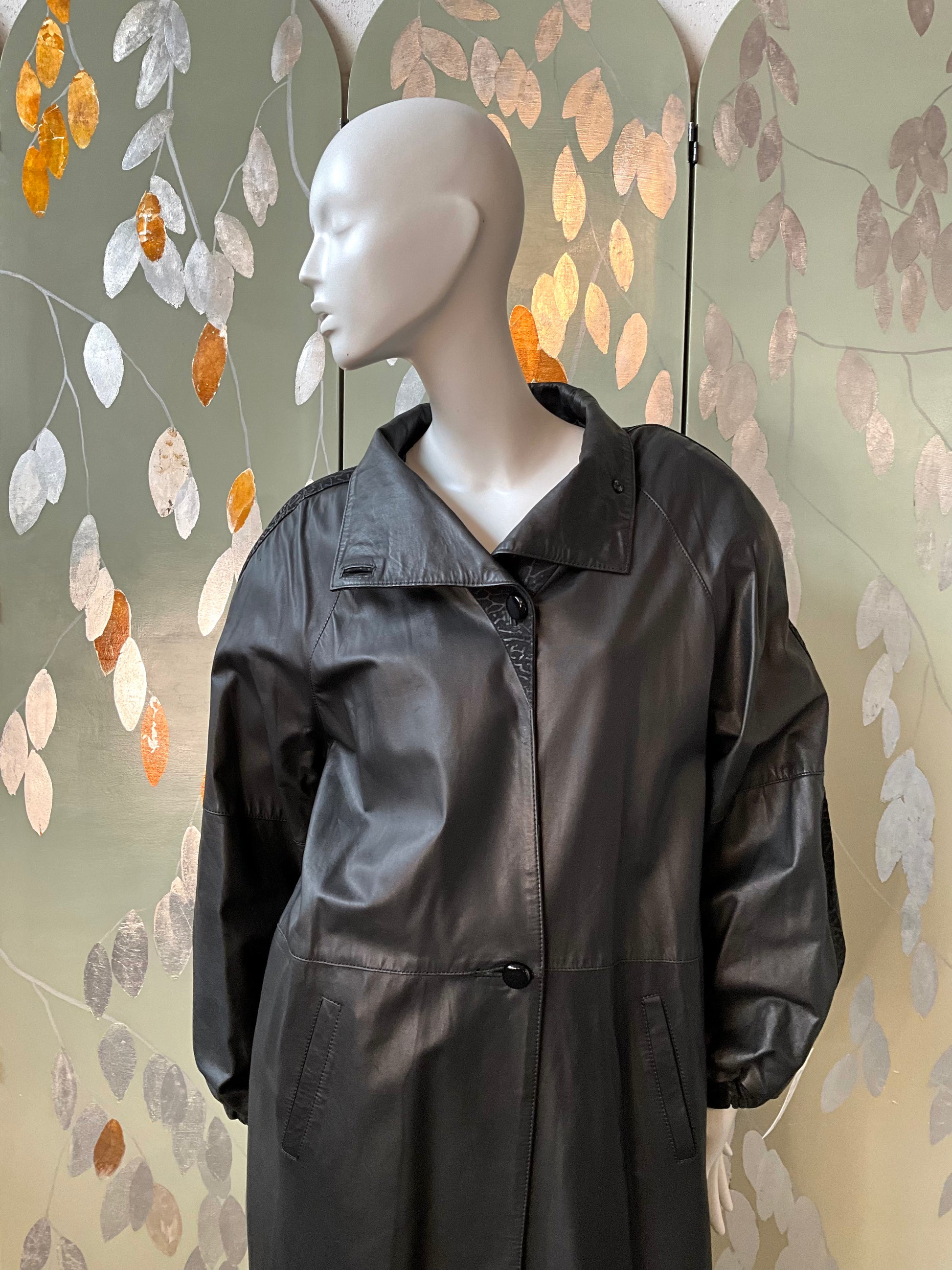 Vintage 1980s Paco Rabanne Black Leather Funnel Neck Trench Coat, M/L