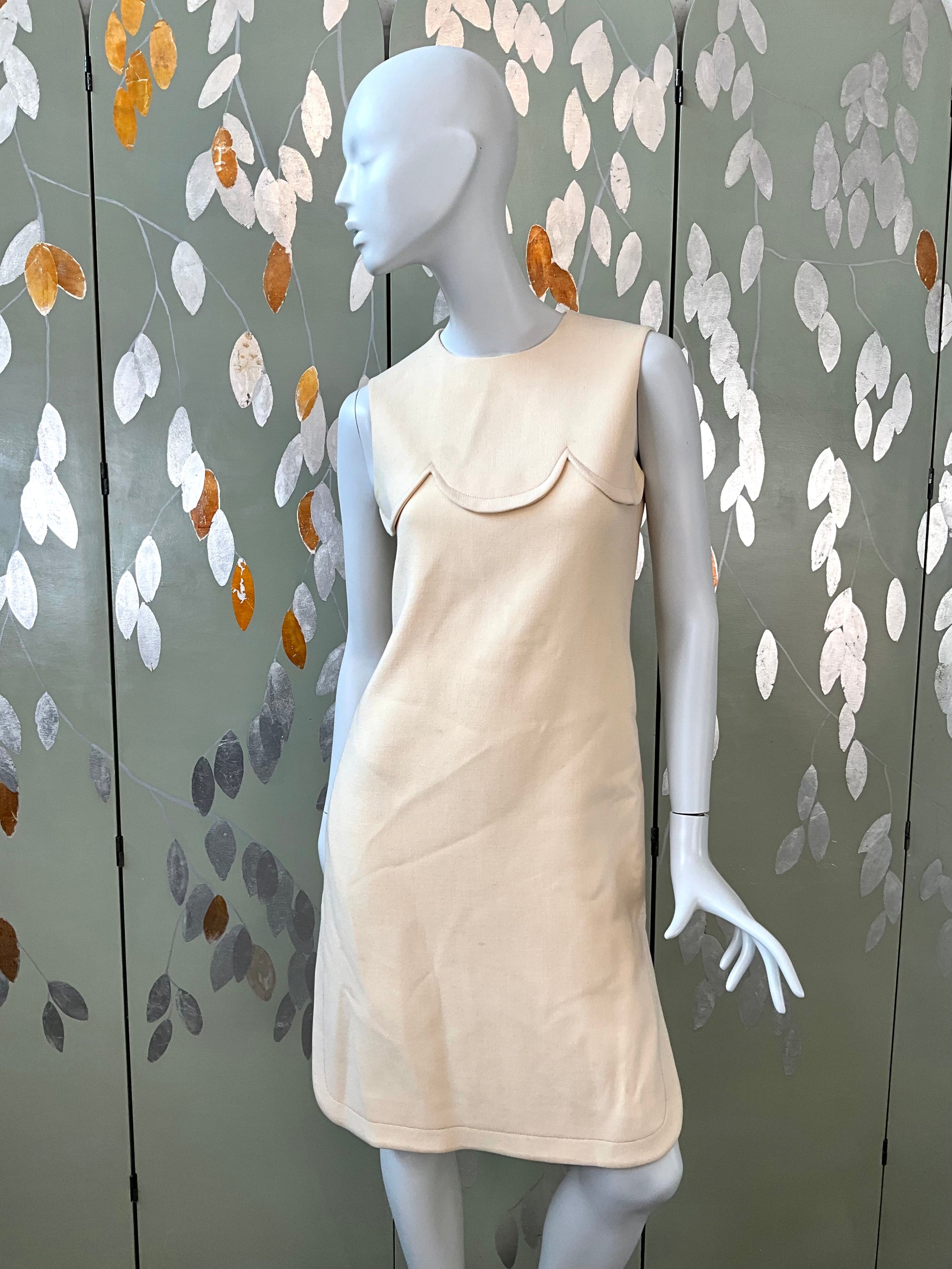 Vintage 1960s Pierre Cardin Cream Wool Shift Dress Small