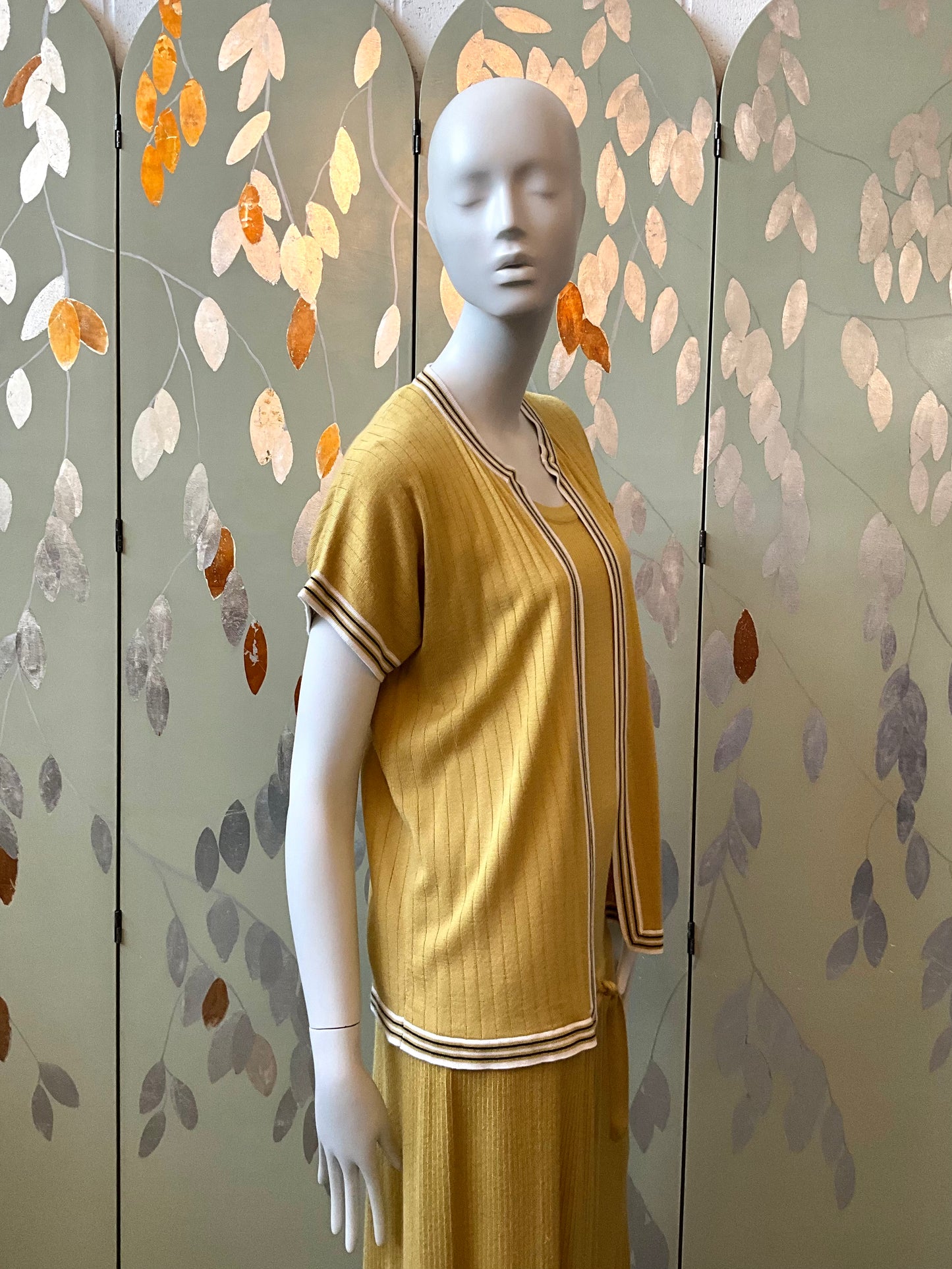 Vintage 1970s Pierre Cardin Ochre Yellow Rib Knit Drop Waist Dress Set, Medium