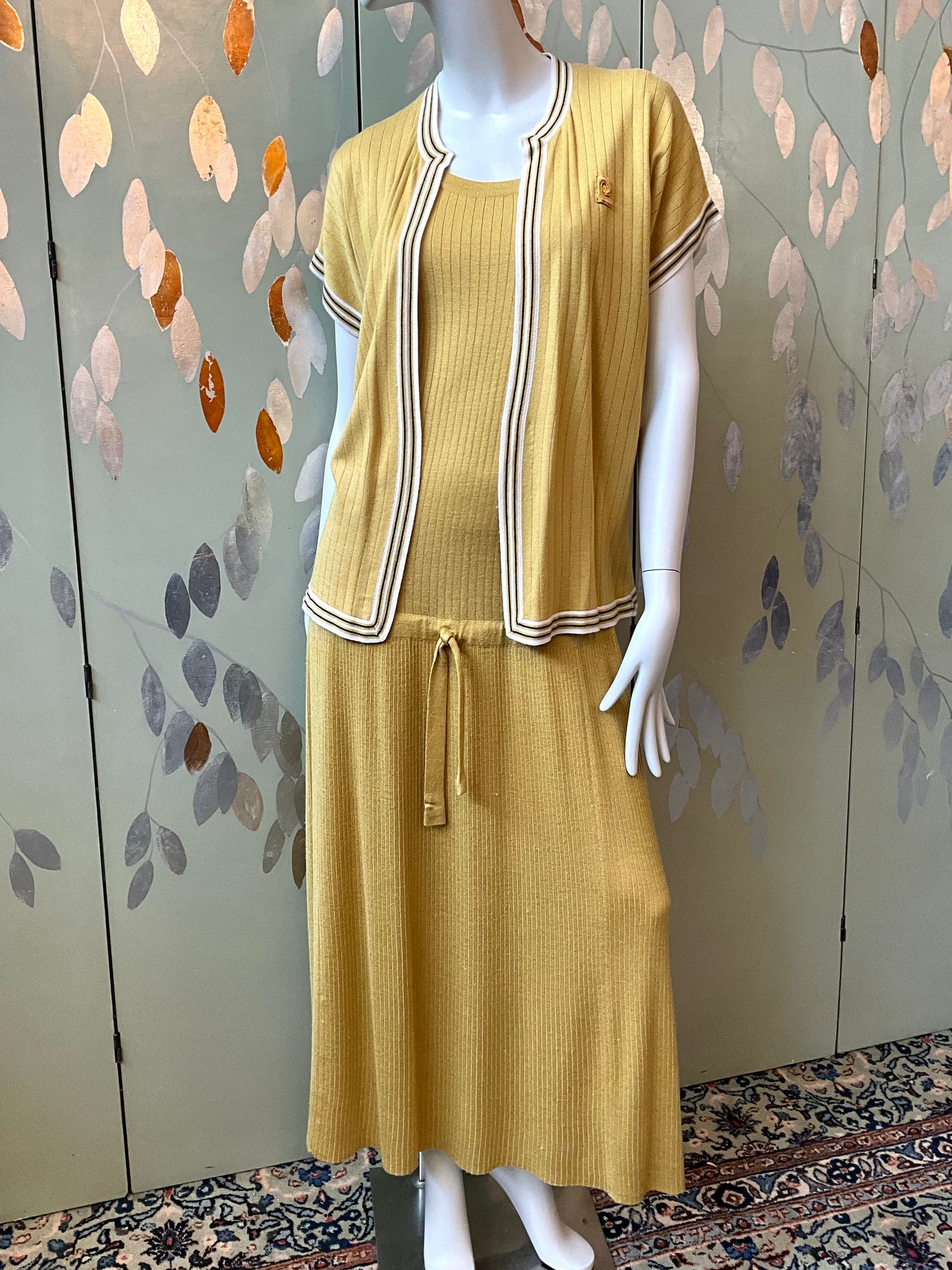 Vintage 1970s Pierre Cardin Ochre Yellow Rib Knit Drop Waist Dress Set, Medium