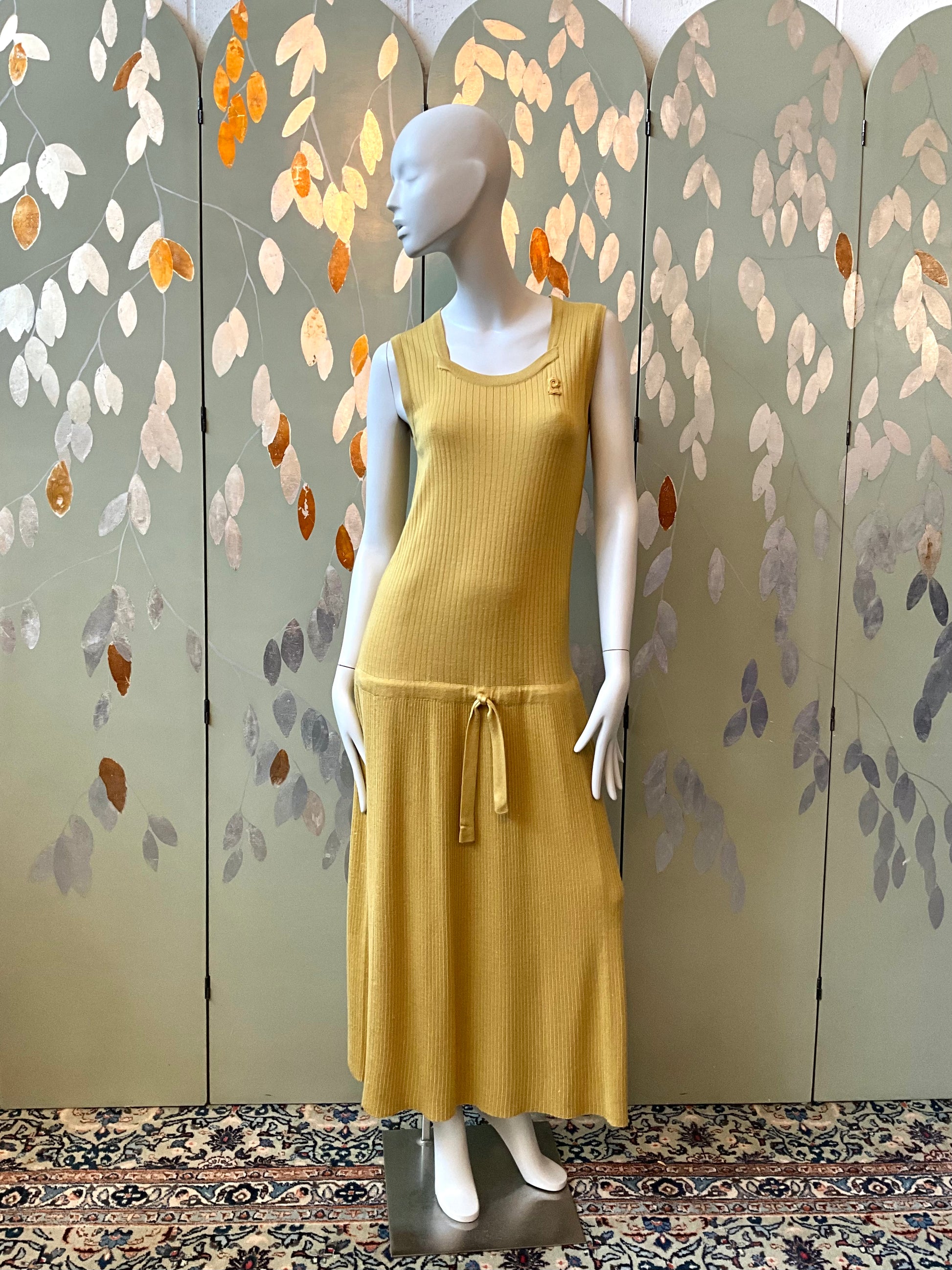 Vintage 1970s Pierre Cardin Ochre Yellow Rib Knit Drop Waist Dress Set, Medium