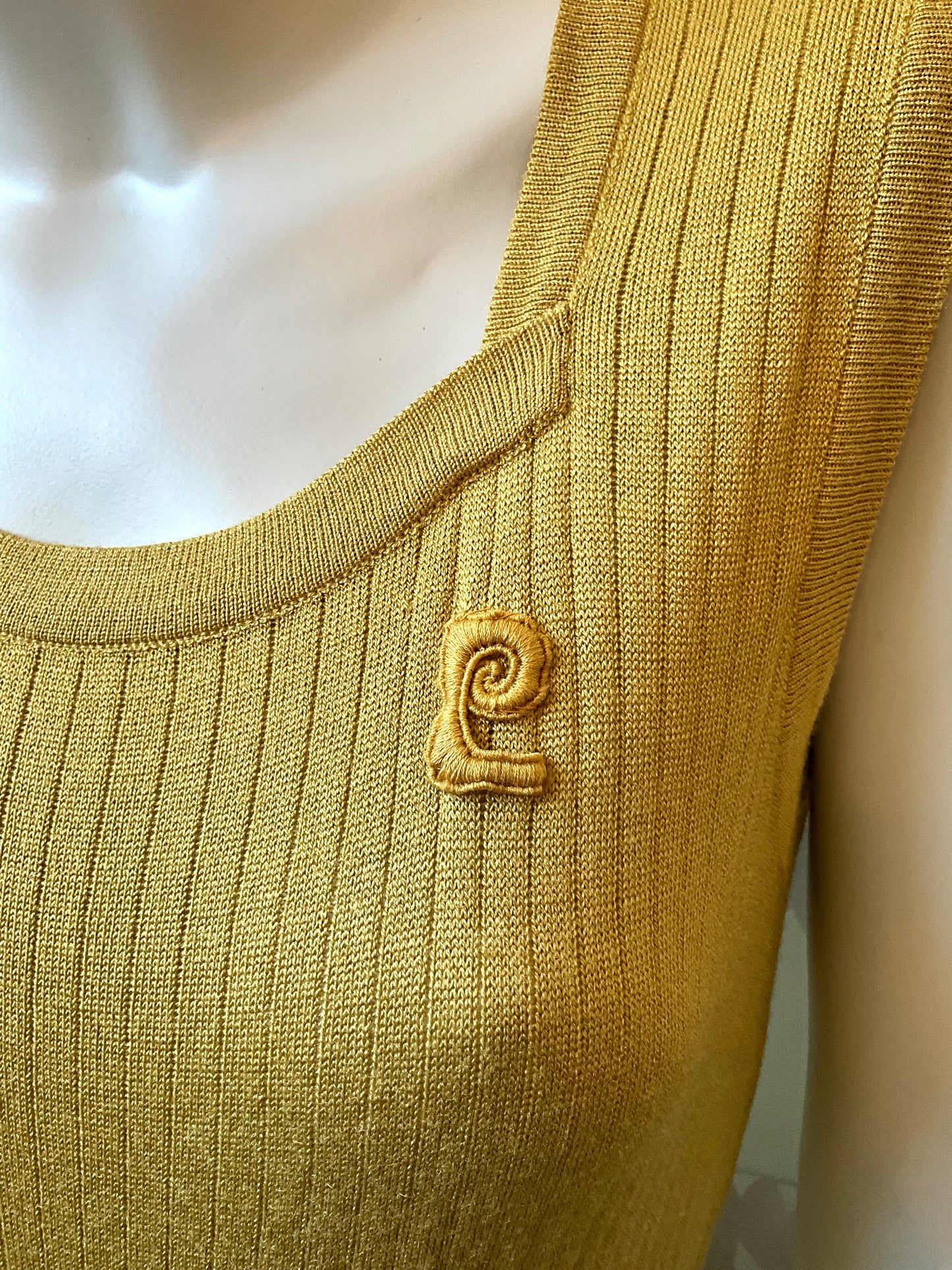 Vintage 1970s Pierre Cardin Ochre Yellow Rib Knit Drop Waist Dress Set, Medium