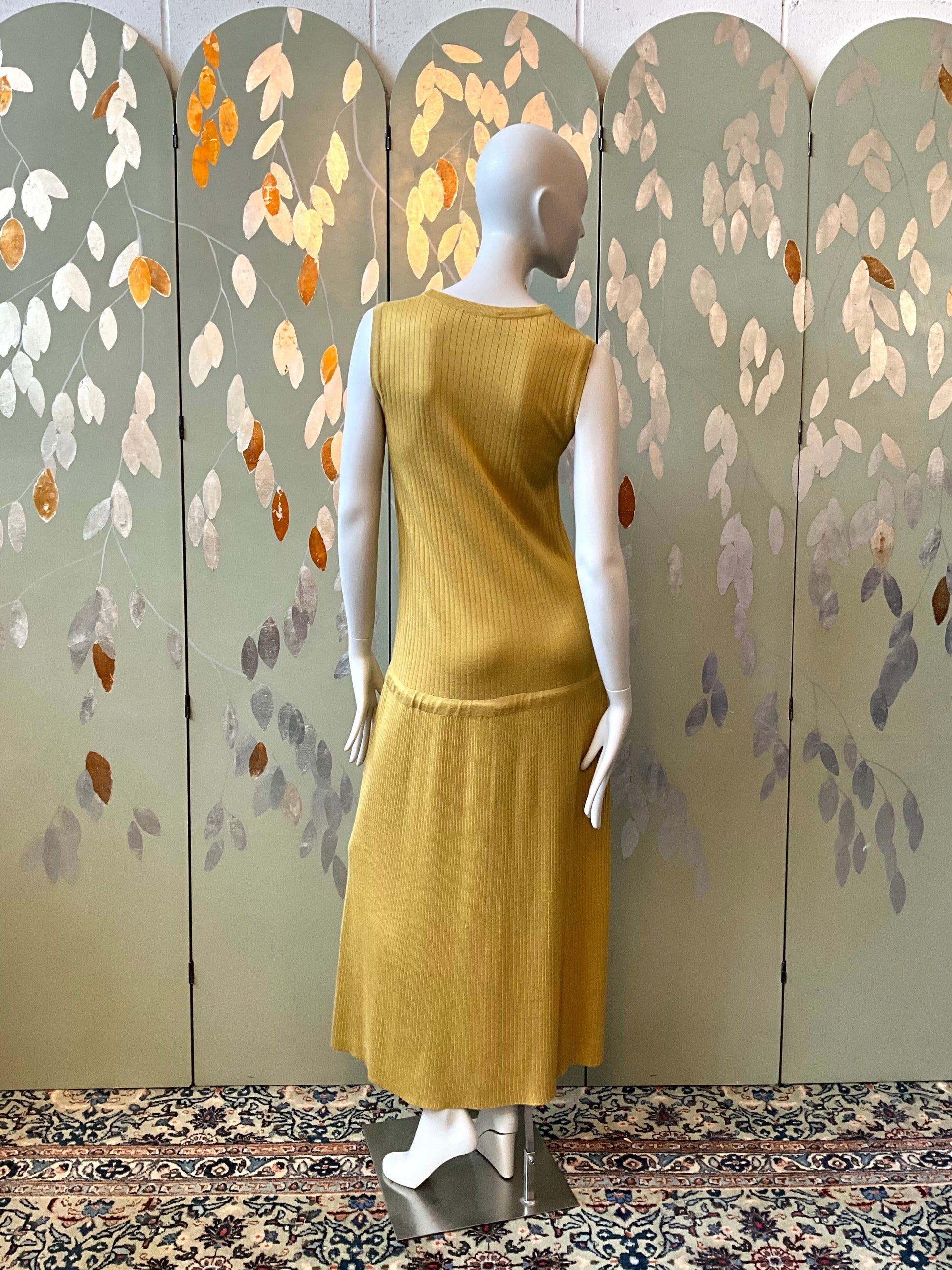 Vintage 1970s Pierre Cardin Ochre Yellow Rib Knit Drop Waist Dress Set, Medium