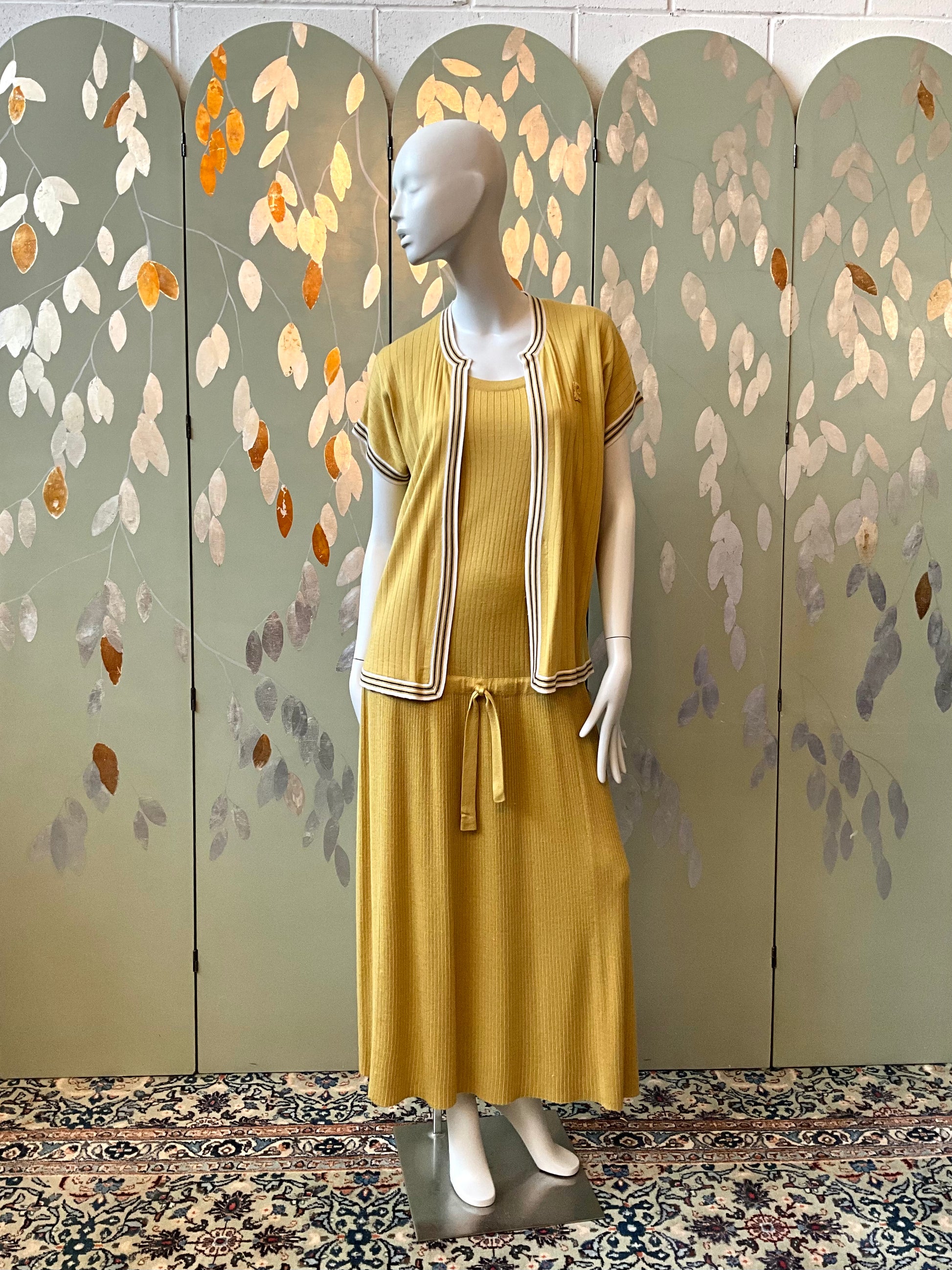 Vintage 1970s Pierre Cardin Ochre Yellow Rib Knit Drop Waist Dress Set, Medium