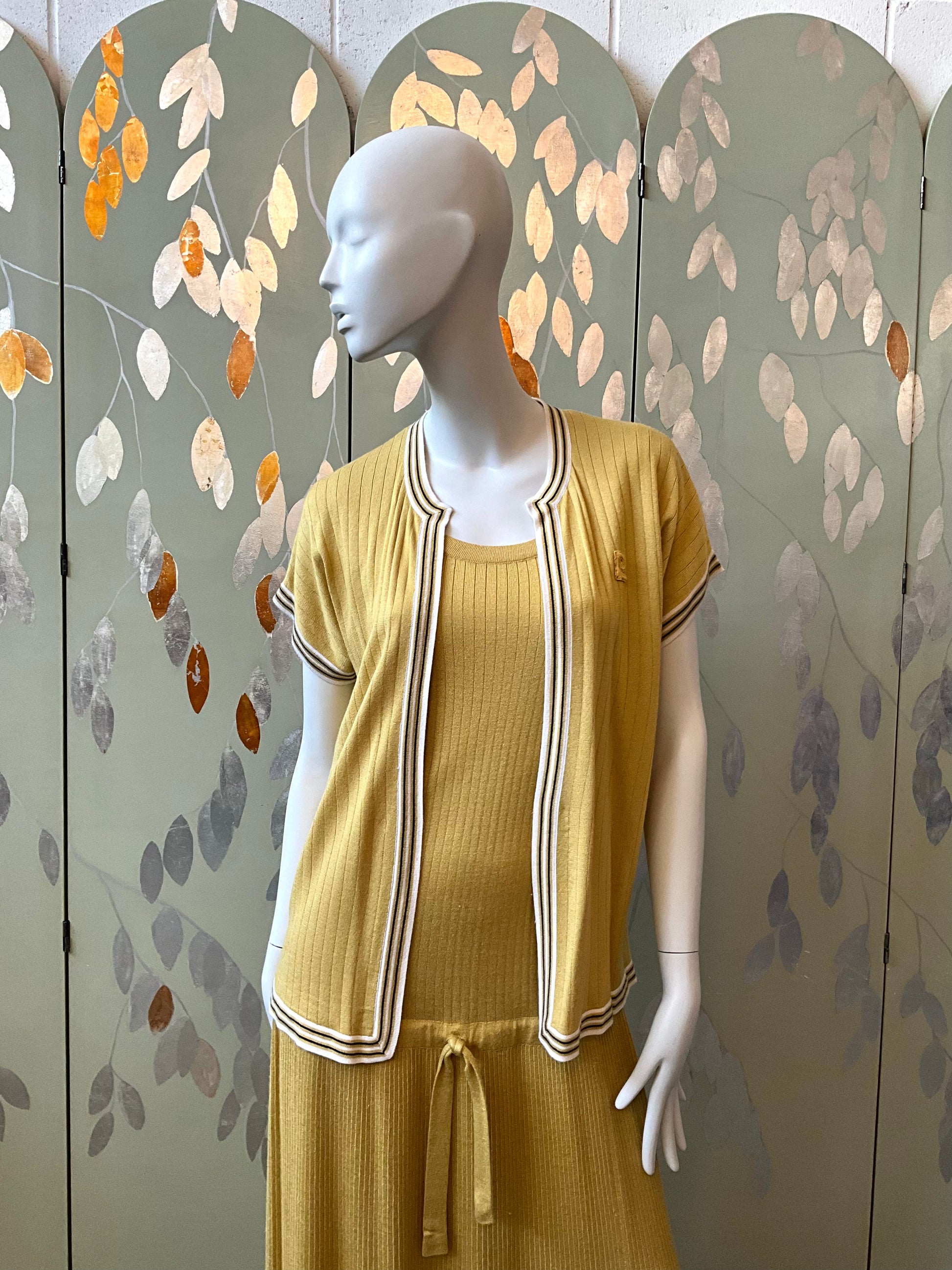 Vintage 1970s Pierre Cardin Ochre Yellow Rib Knit Drop Waist Dress Set, Medium