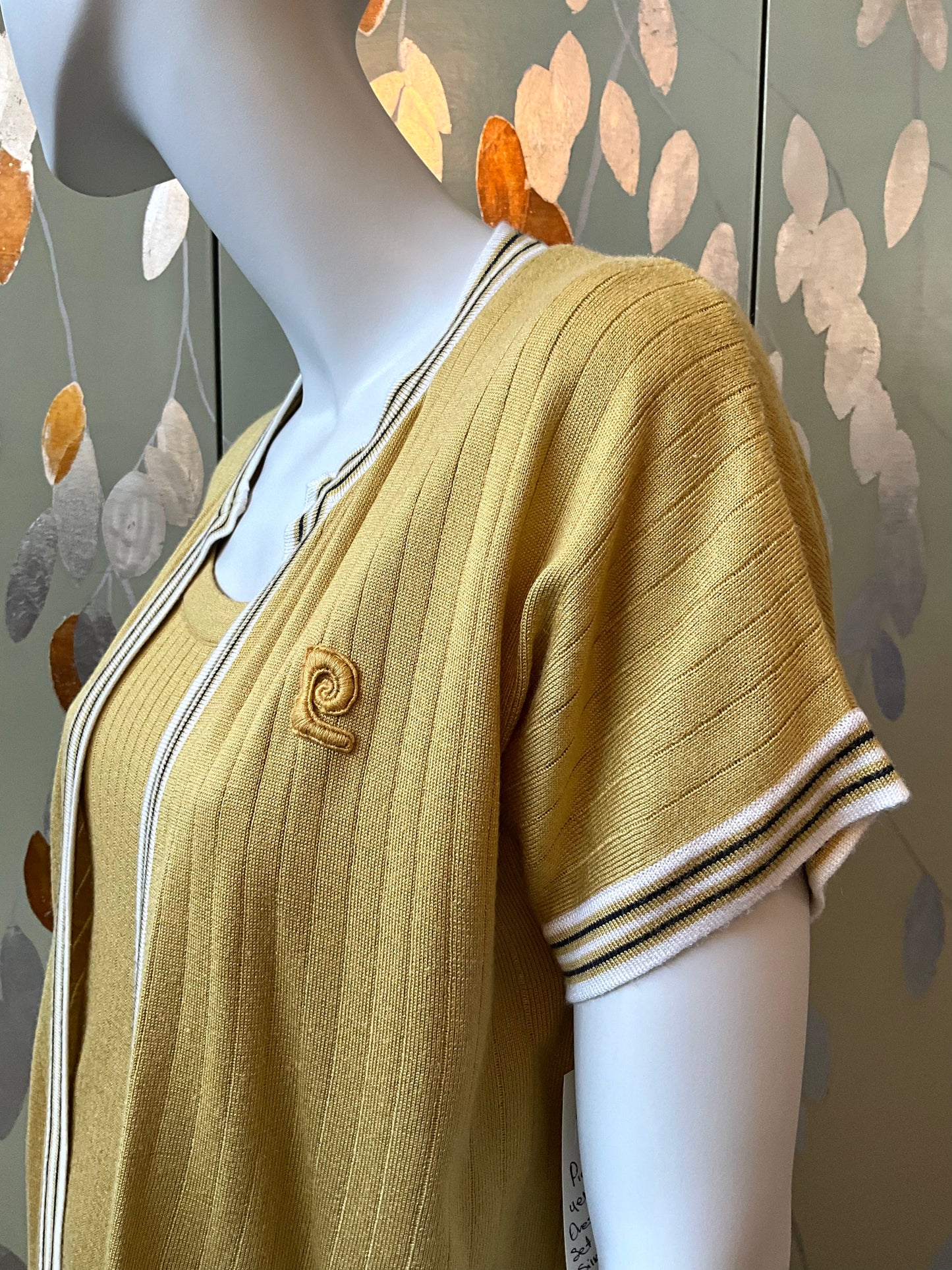 Vintage 1970s Pierre Cardin Ochre Yellow Rib Knit Drop Waist Dress Set, Medium