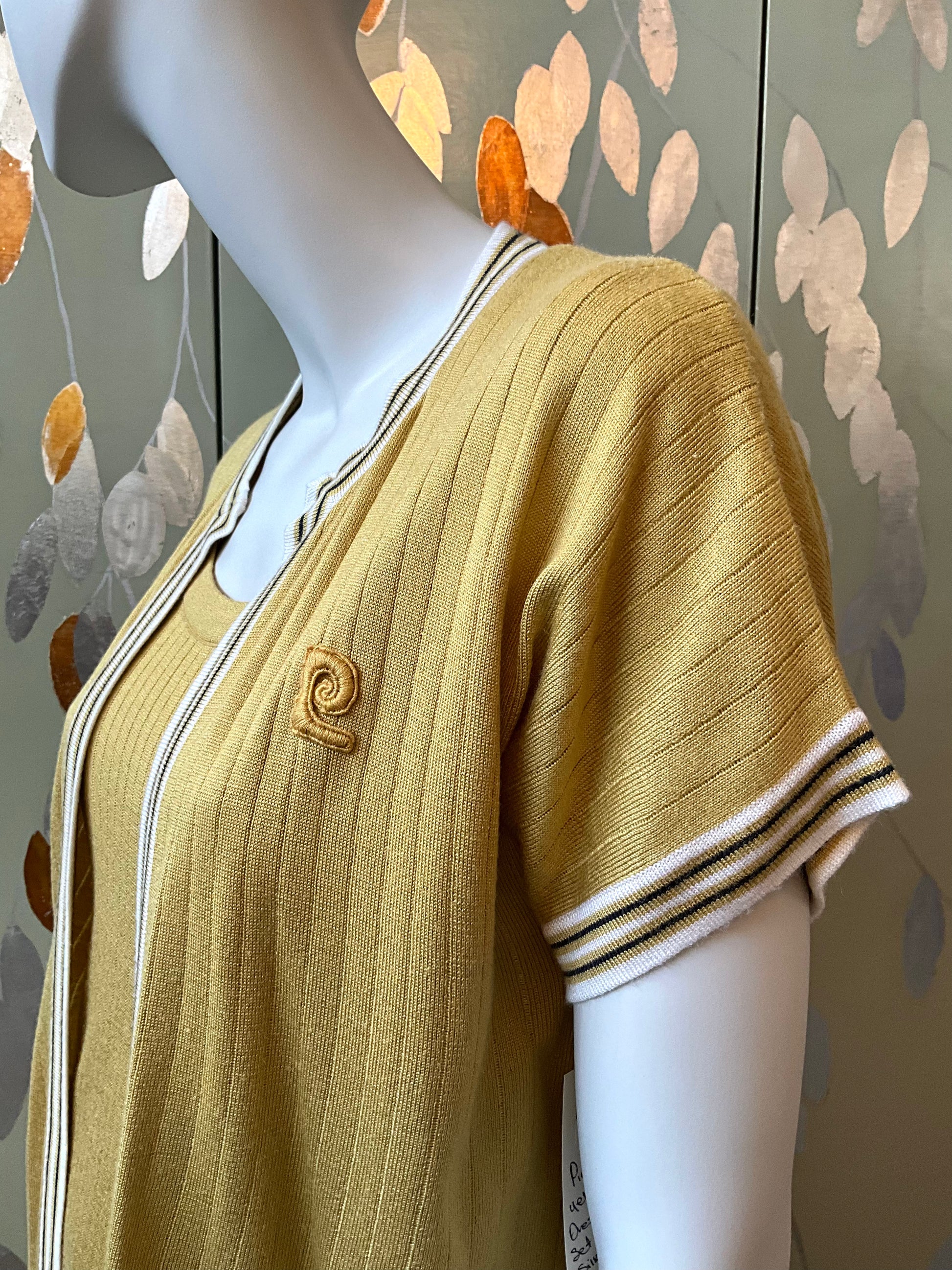 Vintage 1970s Pierre Cardin Ochre Yellow Rib Knit Drop Waist Dress Set, Medium