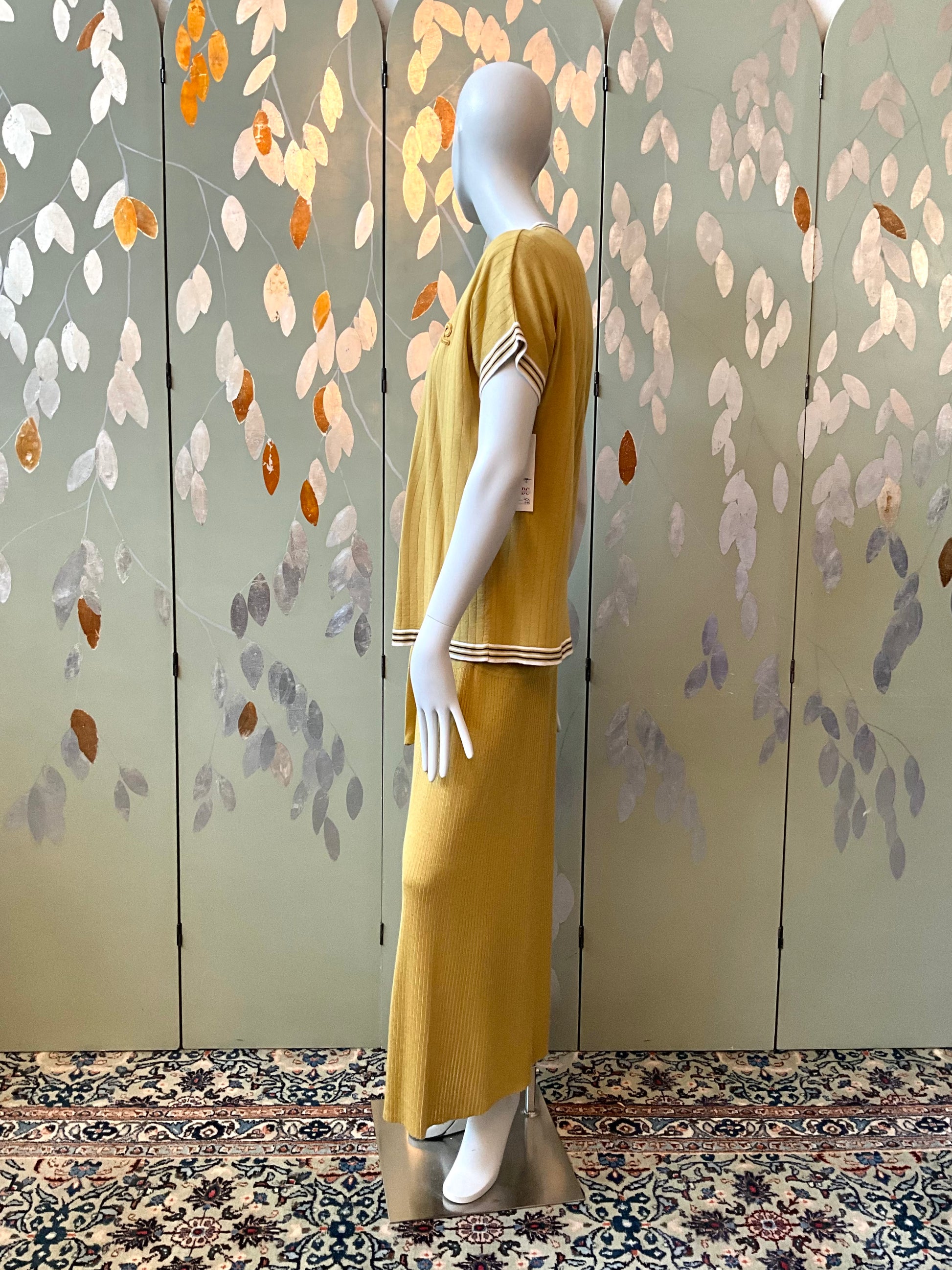 Vintage 1970s Pierre Cardin Ochre Yellow Rib Knit Drop Waist Dress Set, Medium
