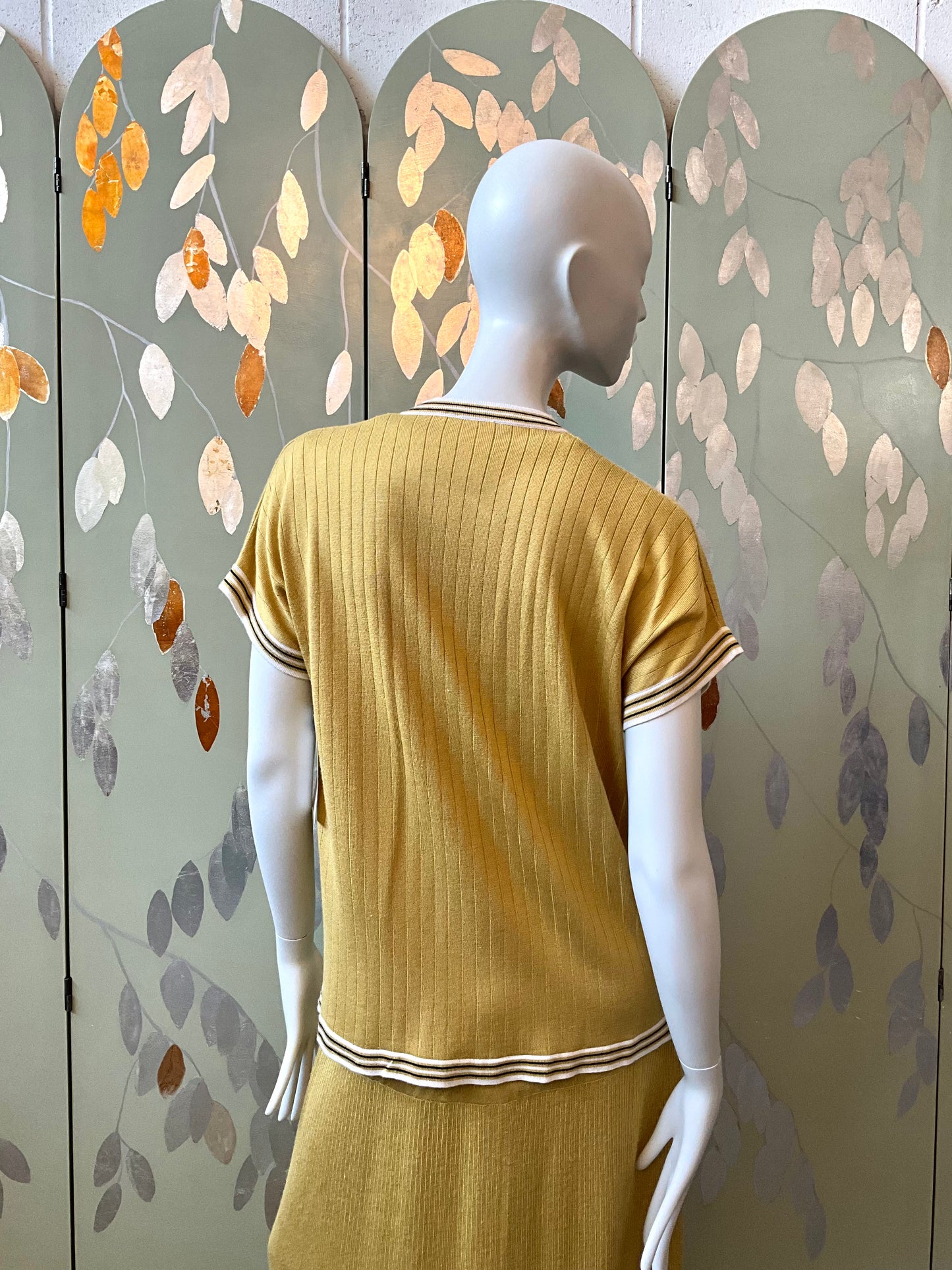 Vintage 1970s Pierre Cardin Ochre Yellow Rib Knit Drop Waist Dress Set, Medium