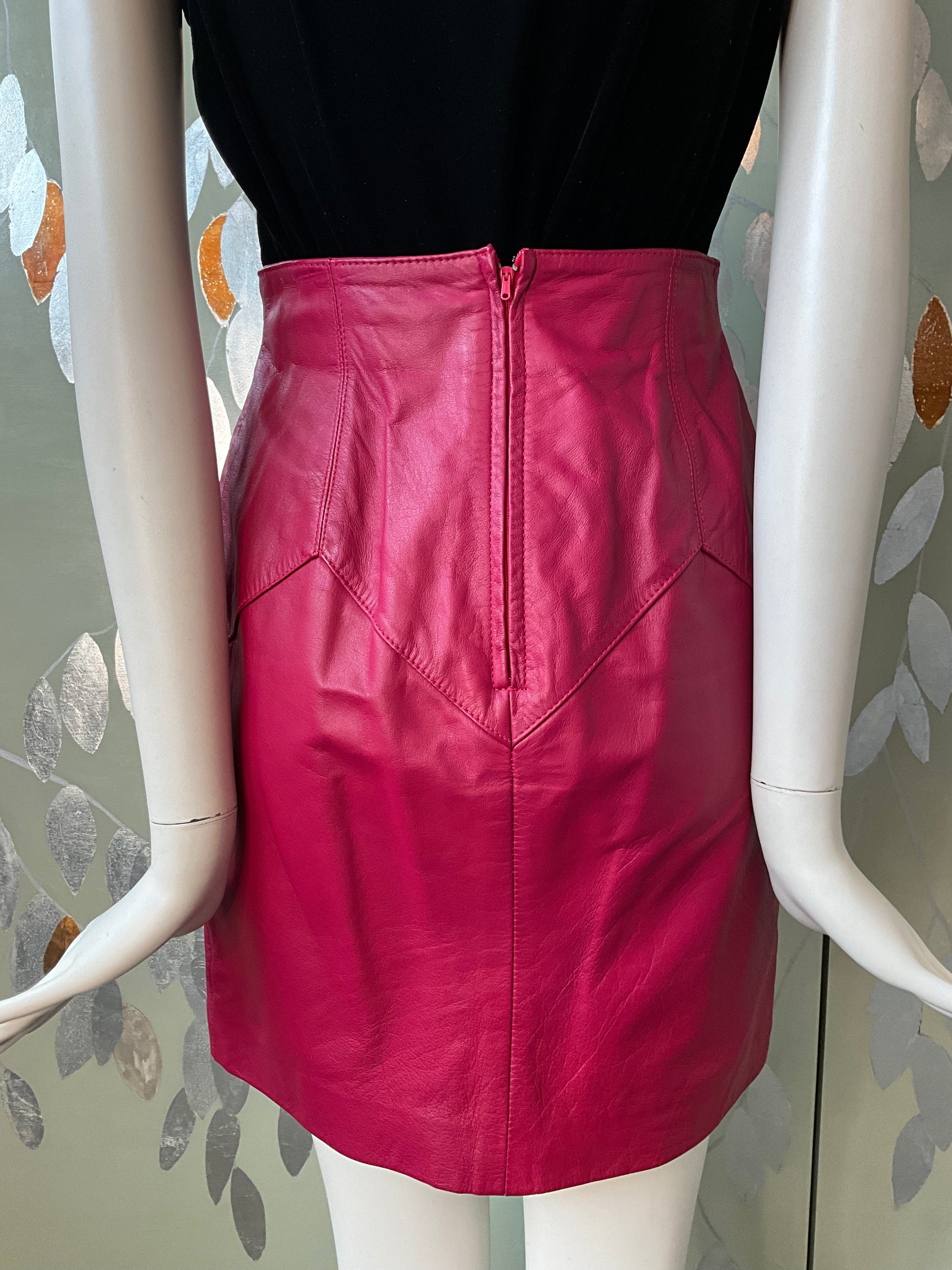 Vintage 1980s Hot Pink Leather Mini Skirt and Jacket Set, XS